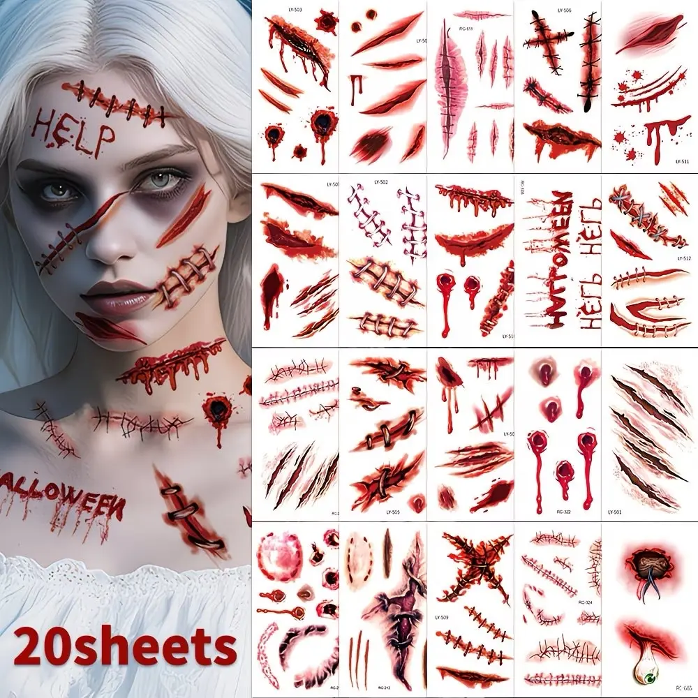 20 Sheets of 3D Halloween Temporary Tattoos for Adults – Realistic Horror Designs Featuring Fake Blood, Wounds, and Zombie Themes; Suitable for Body and Face Art, Costume Parties, Pranks, and Cosplay