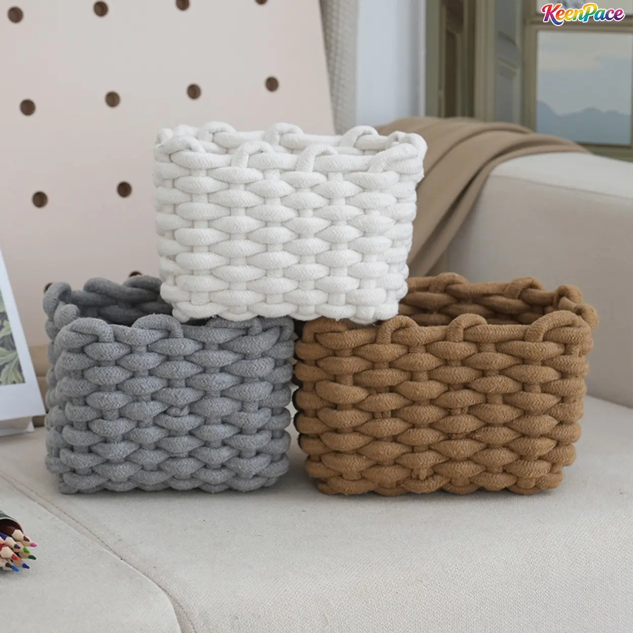 1Counts/2 Counts Rope Woven Decorative Storage Basket, Stackable Desktop Organizer Bin, Multifunctional Basket for Cosmetics, Perfume, Snacks and Small Items, Stylish Home Decor for Bedroom, Living Room, Vanity and Bathroom