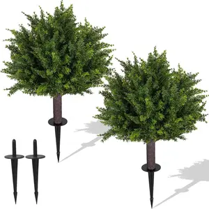 24.5 Inch Set of 2 Topiary Cedar Artificial Trees UV Resistant Outdoor Artificial Bushes with Ground Spike for Spring Porch Decor 2PCS