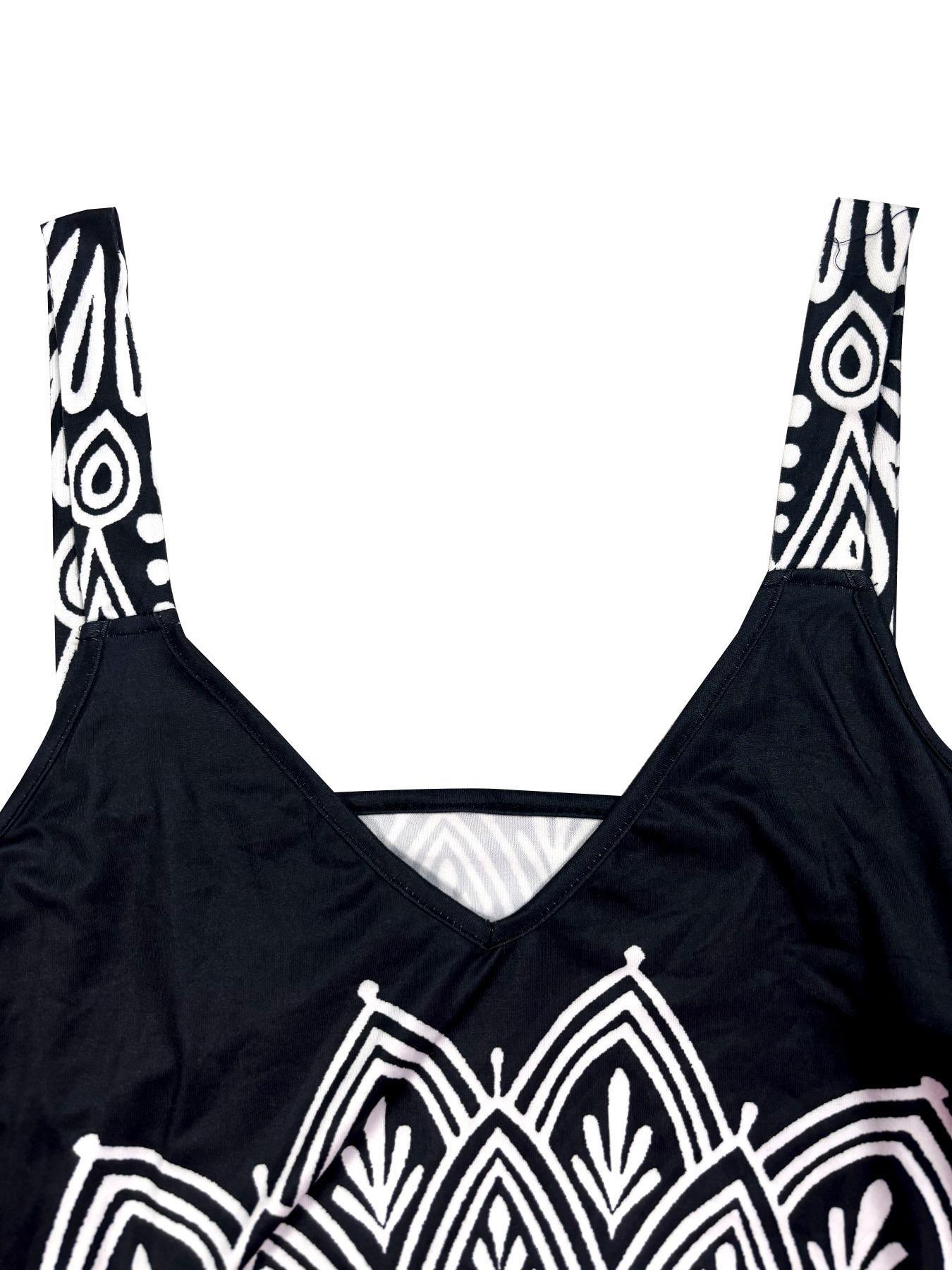 Plus Size Ethnic Pattern Backless Scoop Neck Cami Fitted Dress, Casual Boho Fashion Sleeveless A Line Long Dress for Beach Holiday Vacation, Women's Plus Clothing for Summer