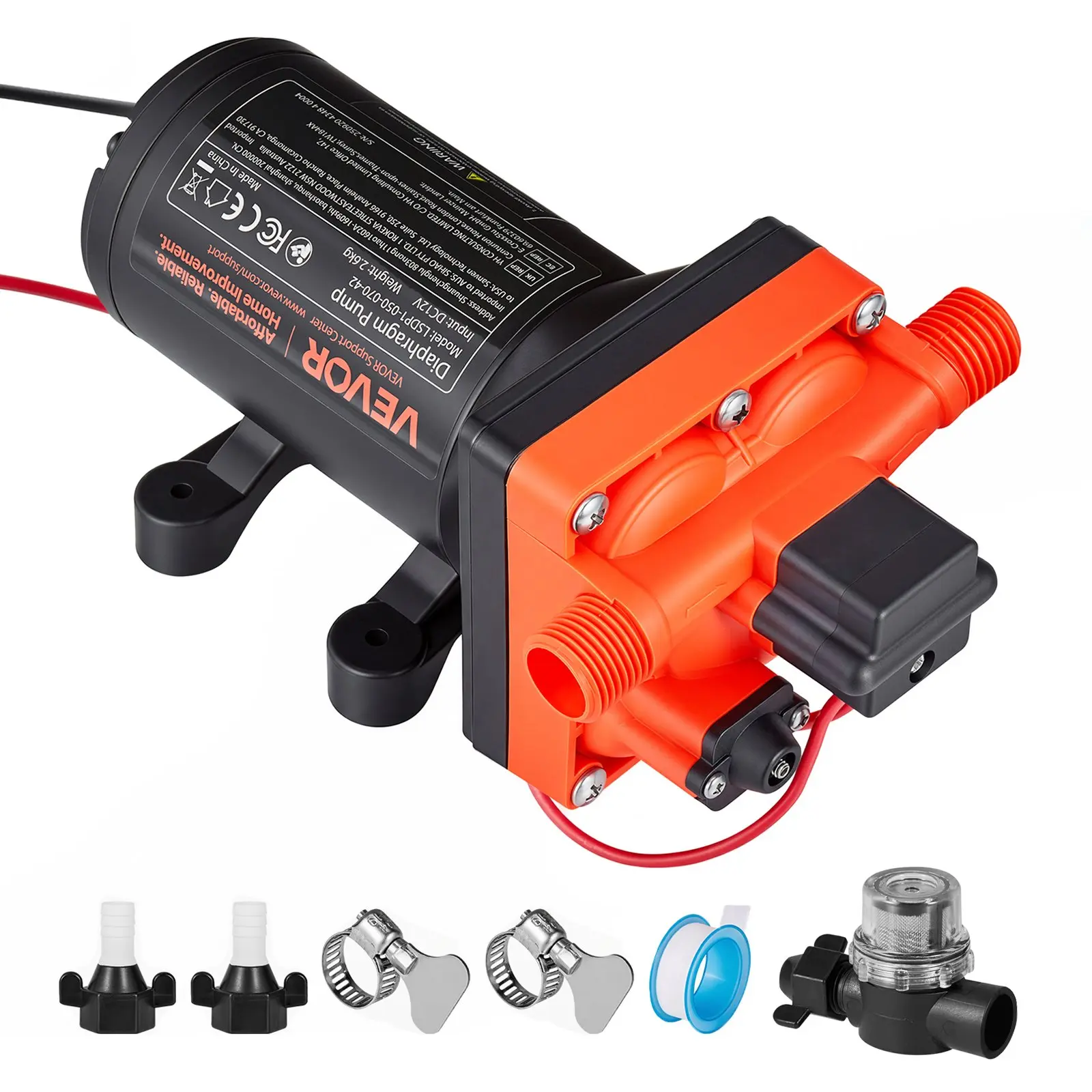 VEVOR 12V DC RV Water Pump for RV Users, 5GPM Flow Rate (18.9L/min) 4-Chamber Self-Priming Diaphragm Pump with Automatic Pressure Switch, 70PSI Max Pressure, LSDP1-050-070-42 MNPT Fittings Car Wash Equipment