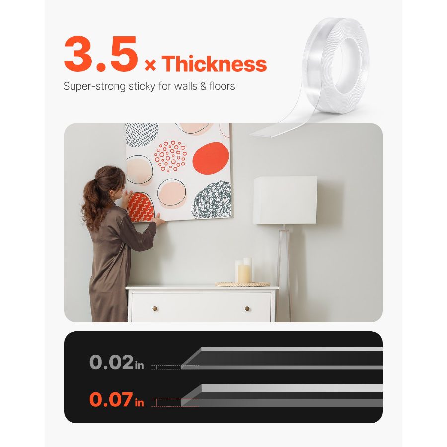 VEVOR Double Sided Tape Heavy Duty, 16 ft Long Nano Mounting Tape, Strong Adhesive Reusable, Clear Two Sided Wall Tape, Removable Poster Picture Hanging Strips for Home, Office, Car, Outdoor Use