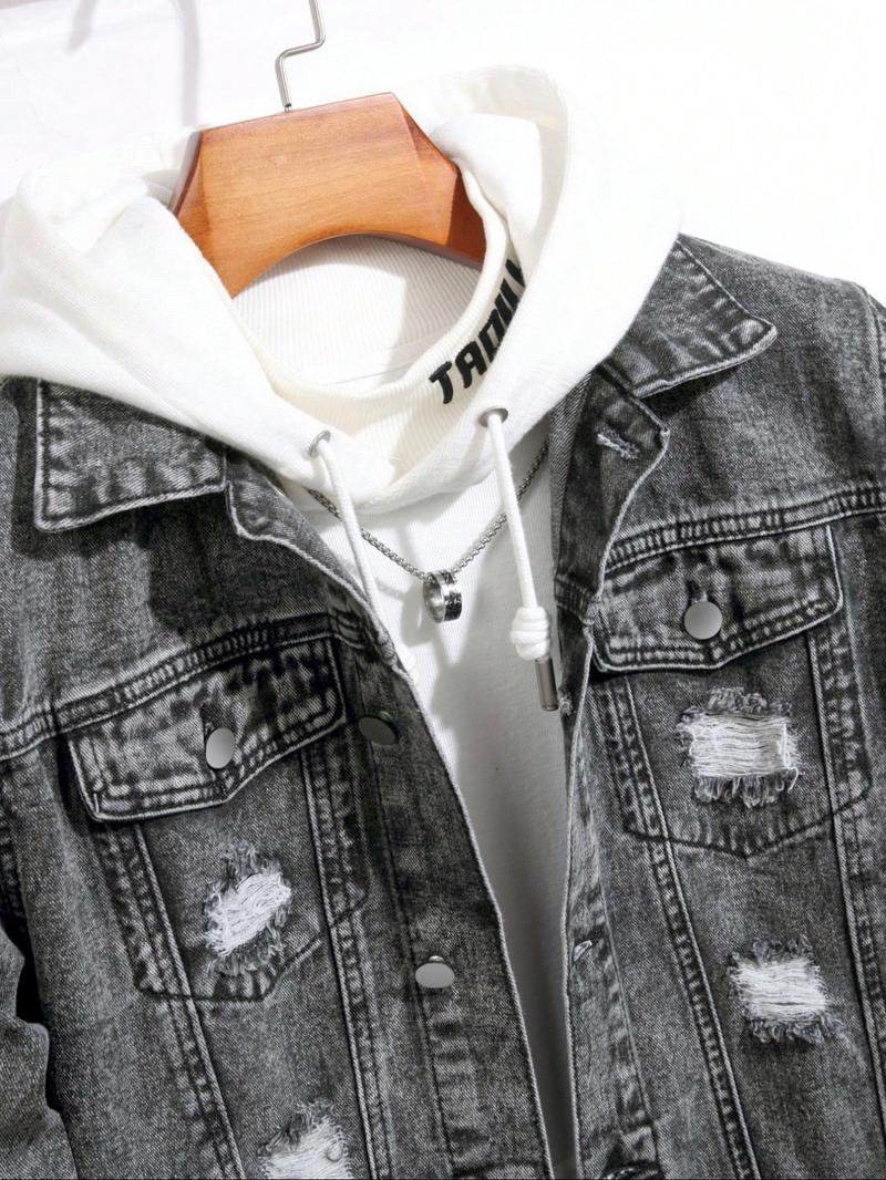 Men's Distressed Ripped Long Sleeve Lightweight Denim Jacket, Regular Fit Street Fashion Casual Comfy Button Front Multi-pocket Collared Outerwear for Daily Wear, Menswear for All Seasons