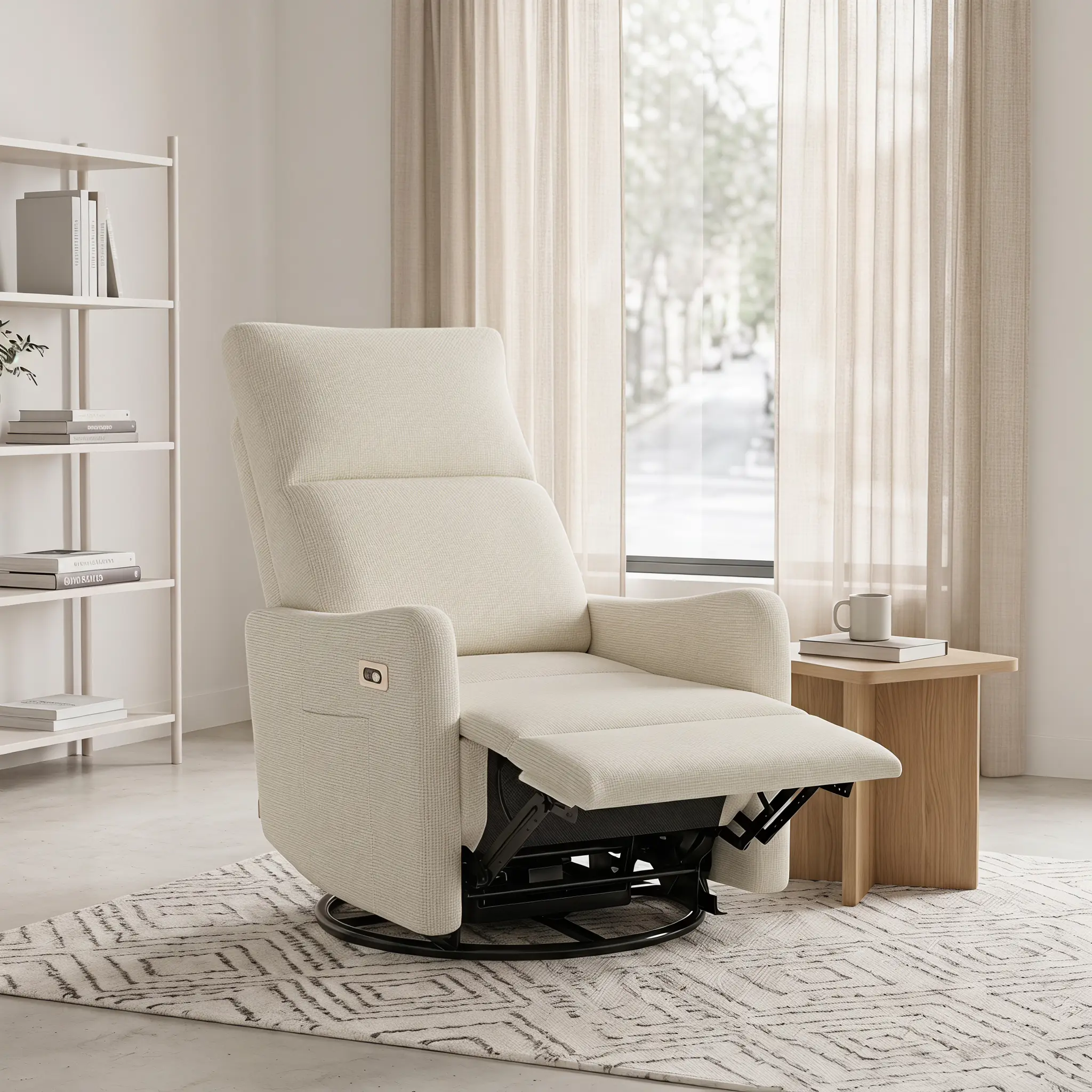 Nokaa Power Swivel Recliner Chair for Adults, 270° Swivel Rocker Recliner with USB Port, Small Space Rocking Recliner for Living Room, Upholstered Fabric Glider Recliner with Tufted Back, Beige Snowflake Velvet, Beige Color Options