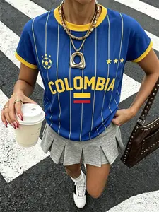 Women's Loose Columbia Soccer Jersey, Streetwear Style, Vertical Stripes Flag Print Short Sleeve Casual Sporty Top, Ideal for Watching Games, Daily Wear