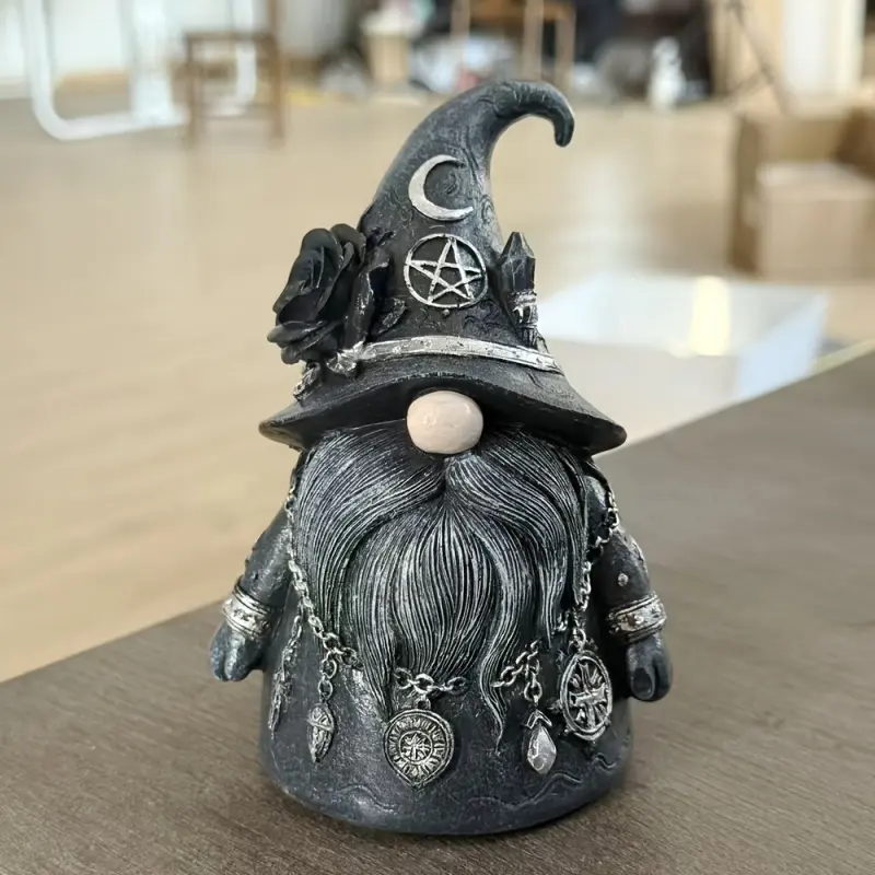 4.72 Inch Dark Gothic Witch Gnome Resin Figurine, Wizard Gnome with Pentagram Moon Black Rose Hat, Mystical Witchcraft Gnome Statue for Halloween Decoration, Decorative Home Ornament, Desktop Shelf Gothic Home Ornament Gift