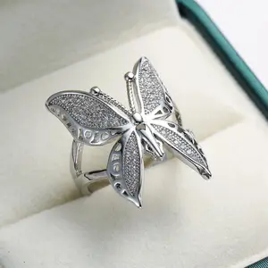 Butterfly Ring for Women, Adjustable Open Statement Ring with Sparkling Cubic Zirconia, Elegant Y2K Fashion Jewelry, Lightweight Ring for Daily Wear, Party, Wedding, Birthday Gift