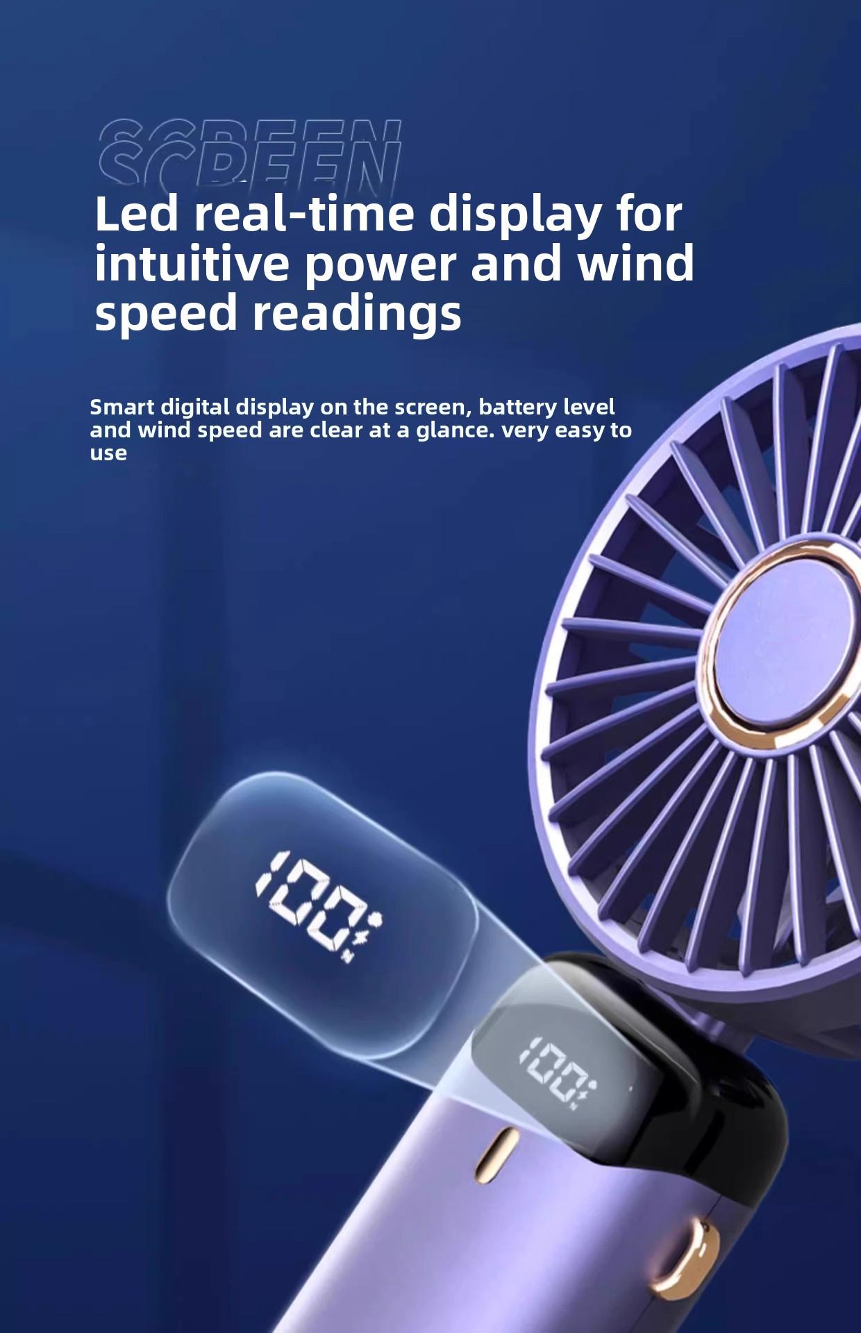 N15 handheld fan USB portable foldable rechargeable neck-hanging digital display desktop fan with long battery life and portable design