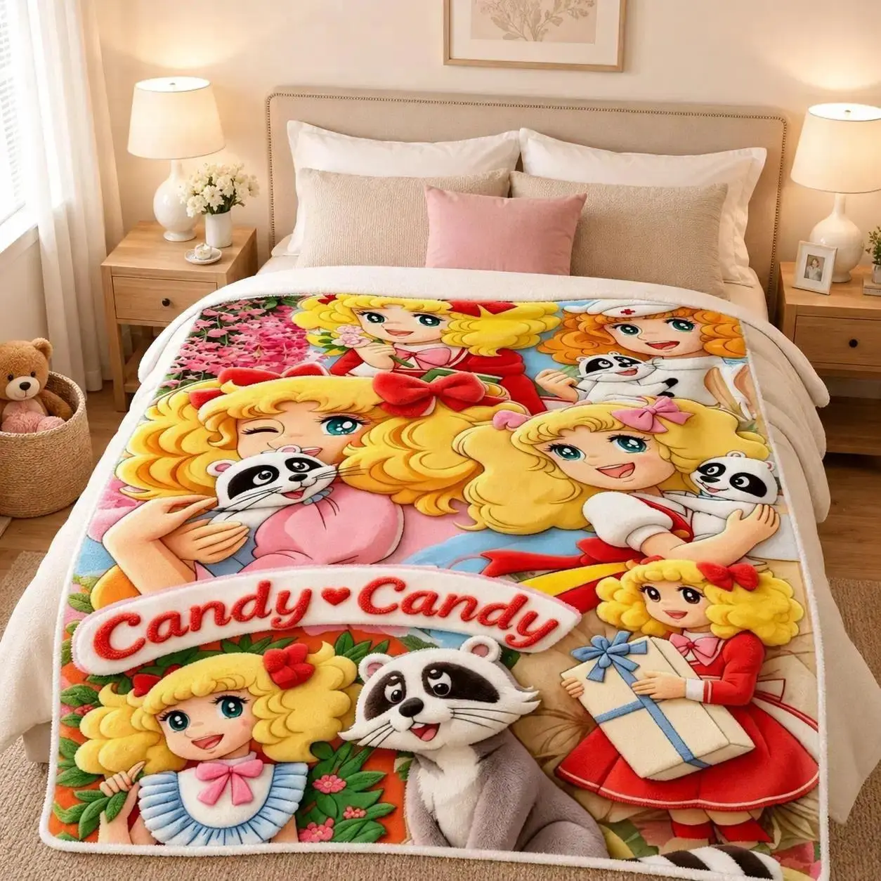 Vintage Candy Candy Classic Cartoon Girl Raccoon Pattern Flannel Throw Blankets Cooling Blankets Cooling Blanket Duvet Bedding Bed Accessories Comforter Set Retro Style Soft Ultra Cozy Lightweight Multi Purpose Decor Blanket for Bed Sofa Couch Bedroom Dor