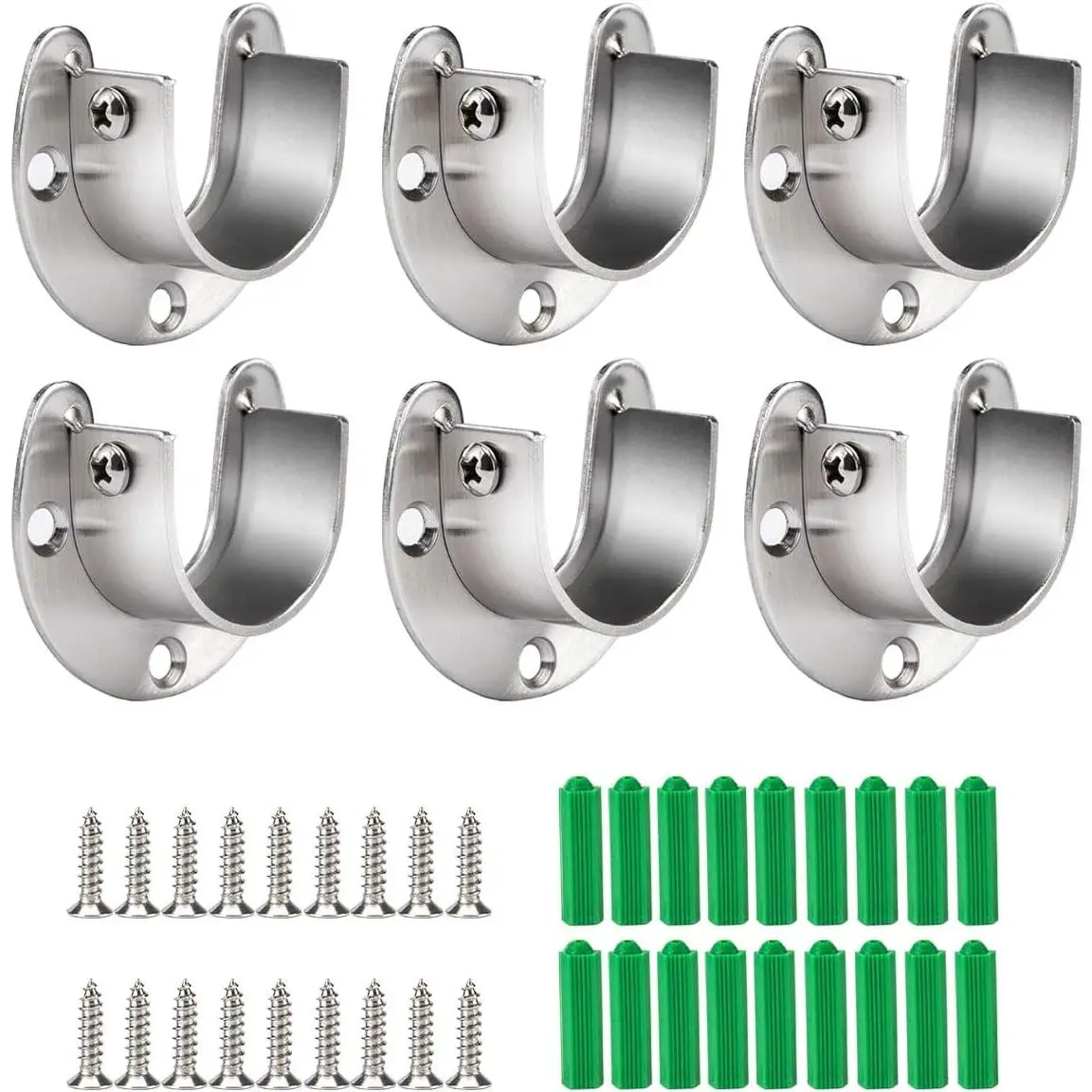 6 Packs Stainless Steel Closet Pole Sockets- Closet Rod End Supports, Flange Set Rod Holder with Screws for Easy Installation&Quick Removal (U Shaped)