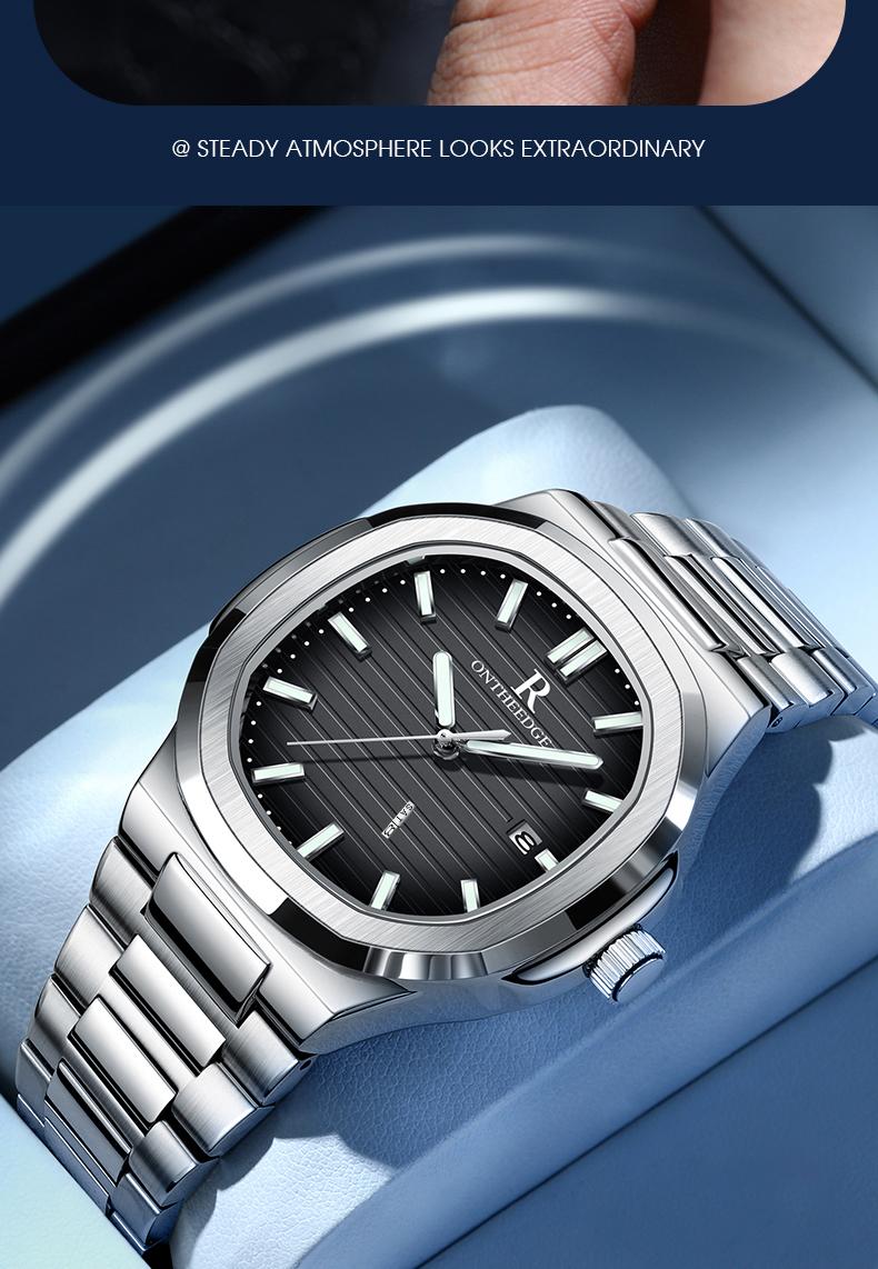 Men's Luxury Square Blue Dial Quartz Watch - Stainless Steel Wristwatch with Date, Luminous Hands, Waterproof, Classic Business Casual Dress Watch, Perfect Gift for Husband Dad