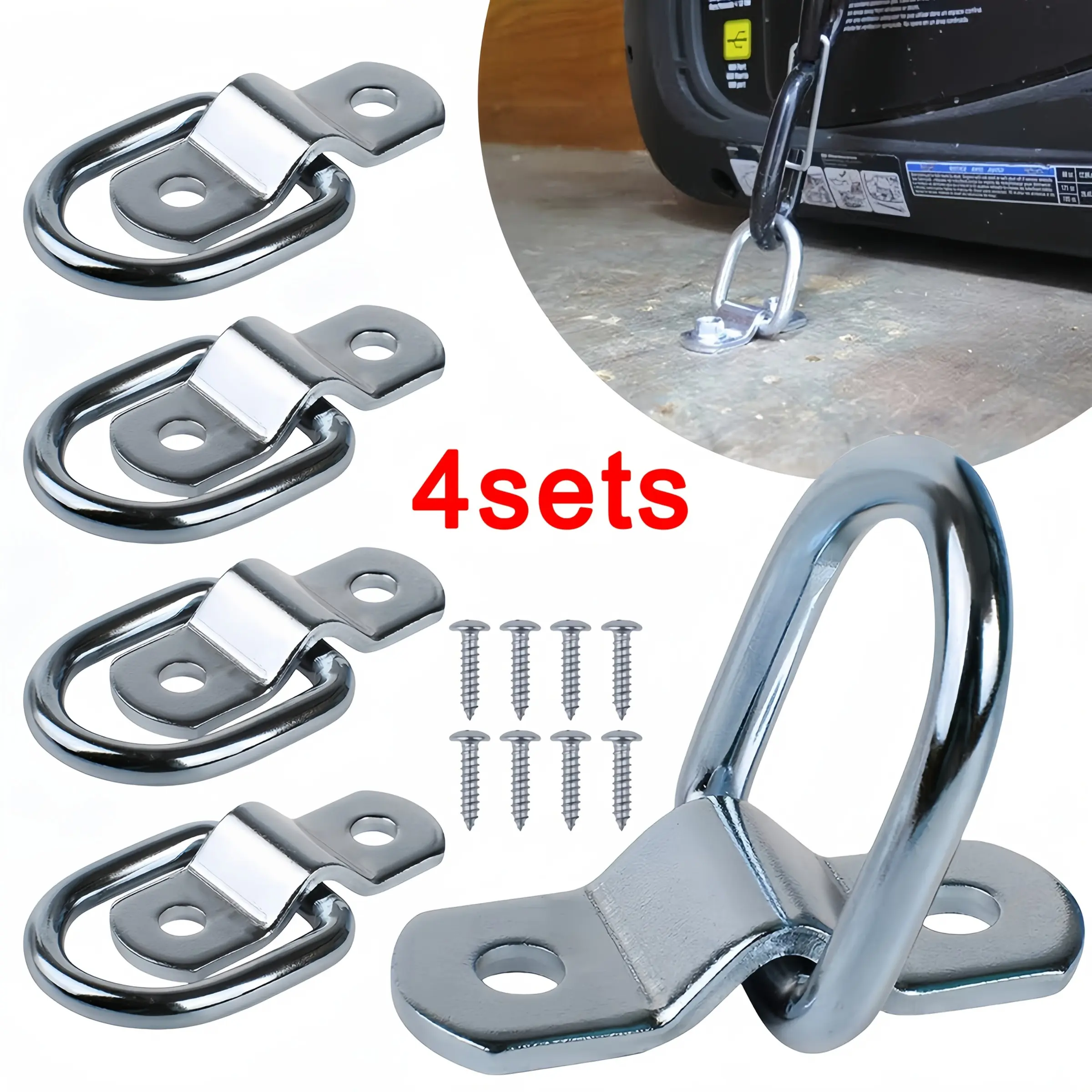 4 Sets Cargo Tie-Down Straps with D-Ring Hooks, Surface Mounting Clips for Trailers, Box Trucks, Horse Boxes, Boats, Car Accessories