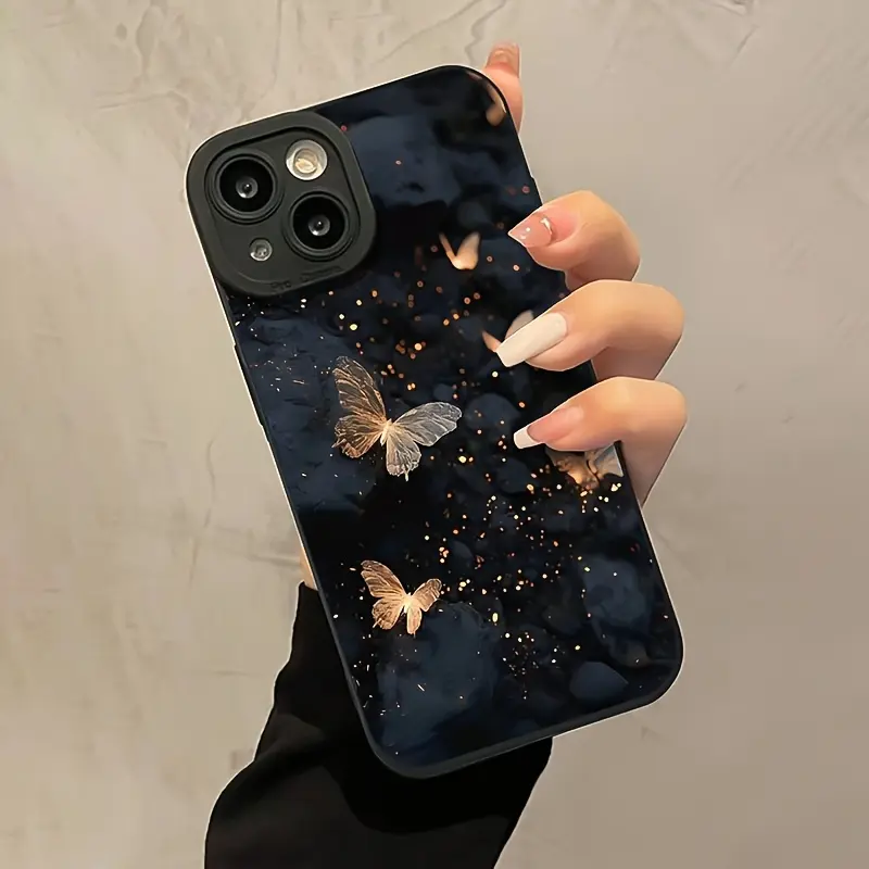 Aesthetic Dark Marble Gold Glitter Butterfly Glossy Hard PC Smartphone Case for iPhone 11-17, Air/Pro Max - Elegant Golden Insect Print, Shockproof, Full Camera Protection Cover for Handheld Cellphone Devices, Butterflies, Casing
