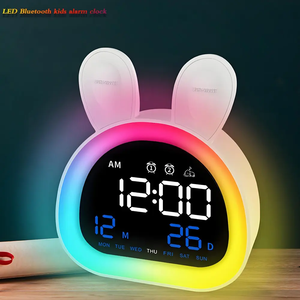 One piece of Multicolors LED Atmosphere Light Bluetooth-compatible Auto-Sync time Rabbit Kids Multi-Function Rechargeable Electronic Alarm Clock