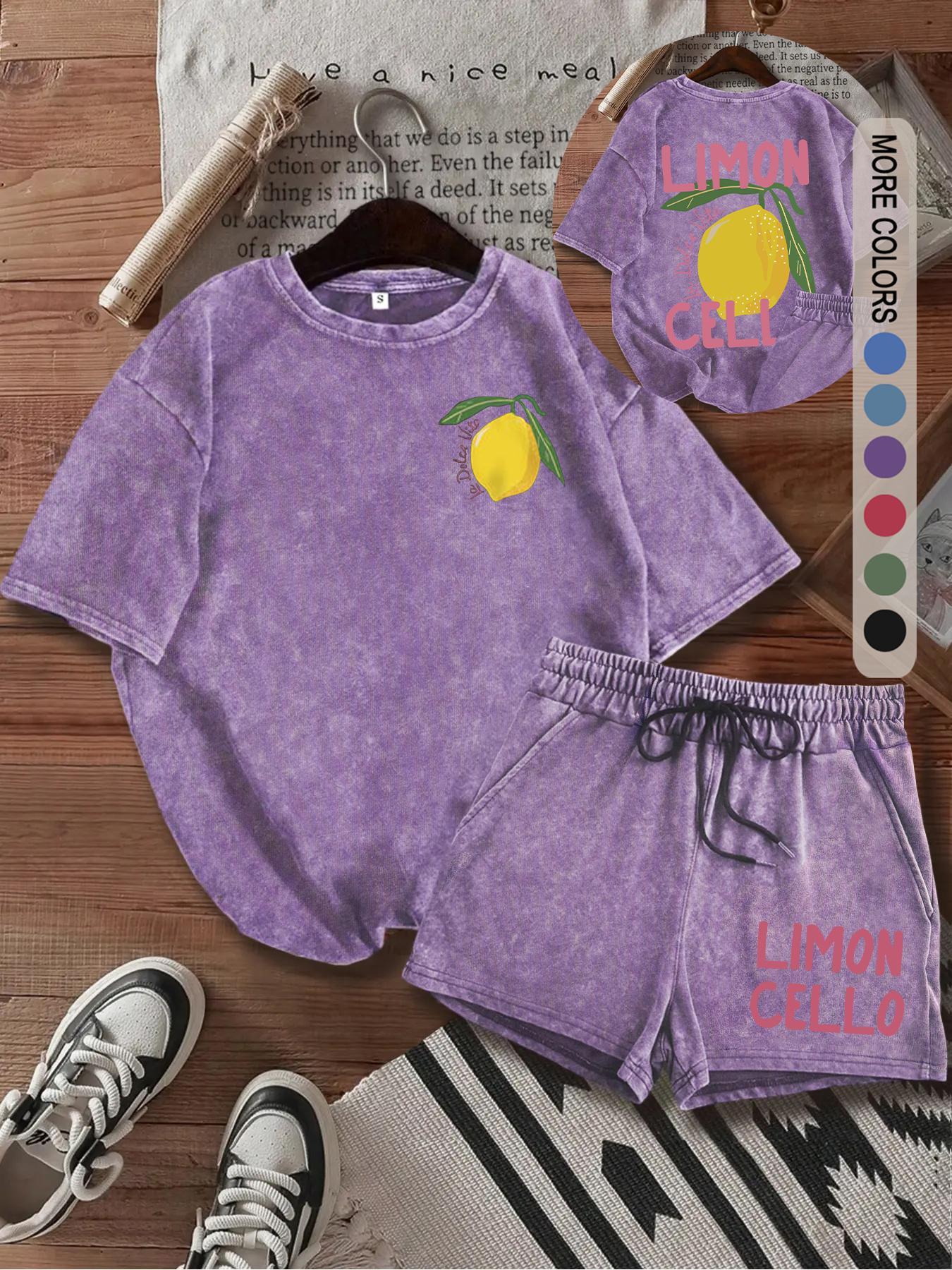 Two-Piece Set Women's Lemon Print Short Sleeve Tee & Shorts, Casual Round Neck T-shirt & Shorts, Summer Clothes for Daily Wear, Suits