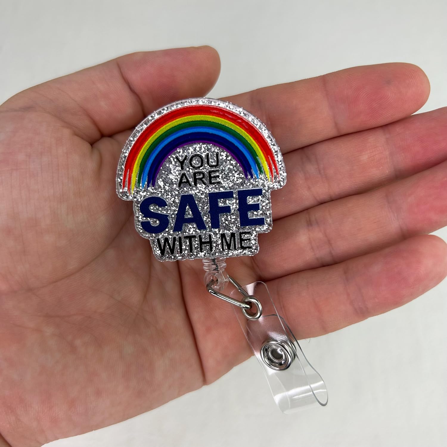 You are Safe with Me Badge Reel Retractable for Nurse   &  Worker | Funny Pride LGBTQ Rainbow ID Card Name Tag Badge Holder with  Clip & 24" Durable Nylon Cord |