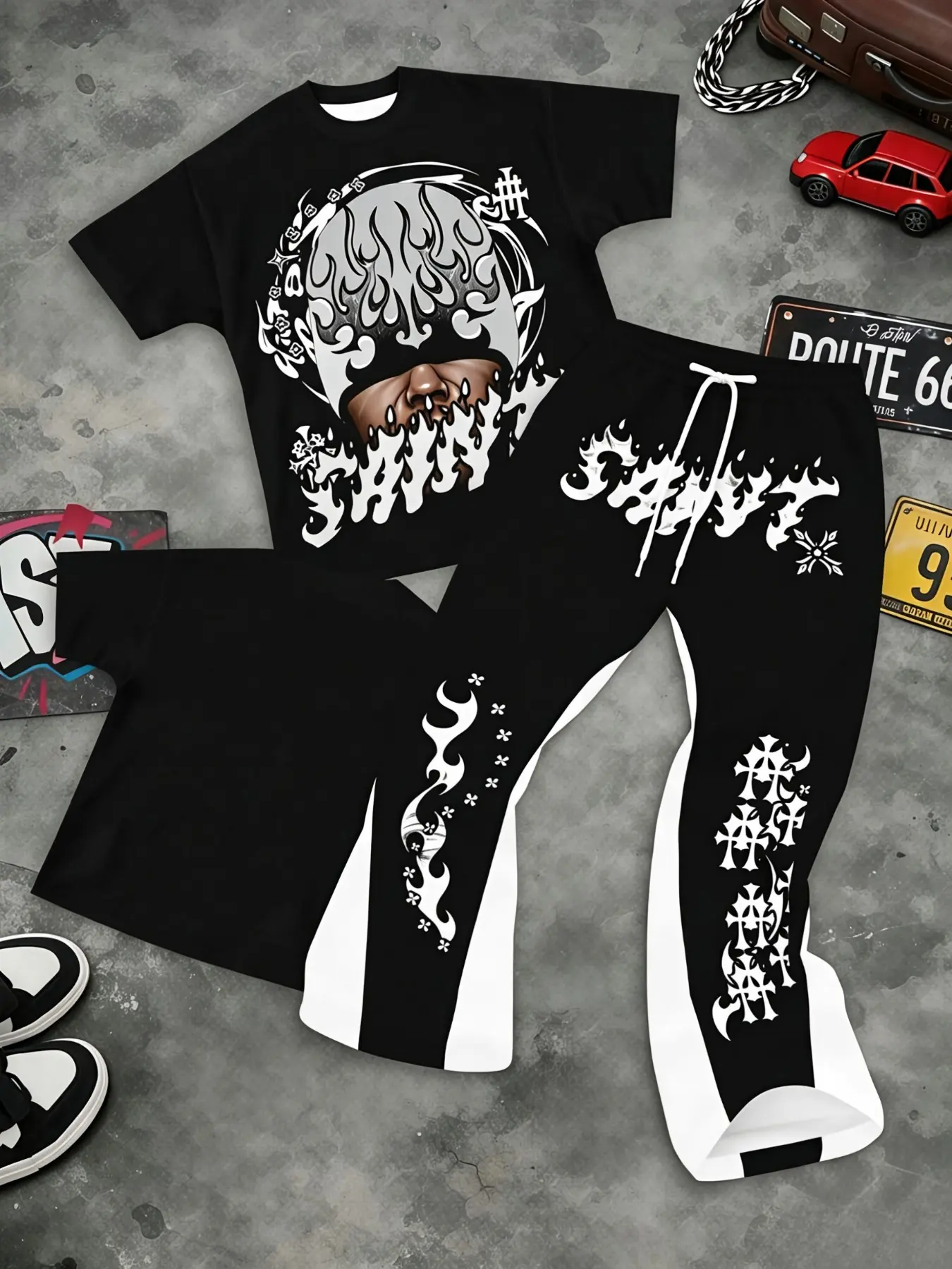 White Flame Masked Man Cross Floral Gothic Print Short Sleeve & Curved Color Block Pant Matching Set, Thin Light Elastic Breathable Soft Skin Friendly Outfit, LA Gothic Streetwear For Skate Daily Urban Commute Street Vibe