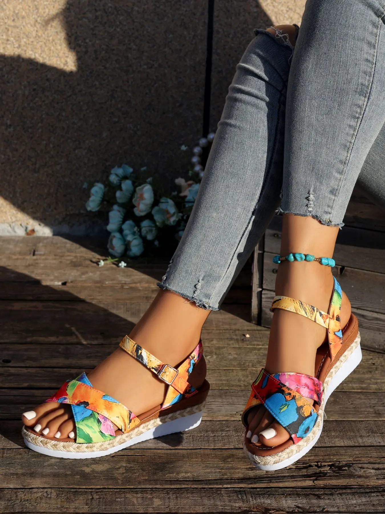 Colorful Floral Print Wedge Heel Thick Sole Women's Shoes, Back Strap Buckle Casual Walking Sandals, Comfortable and Stylish Footwear