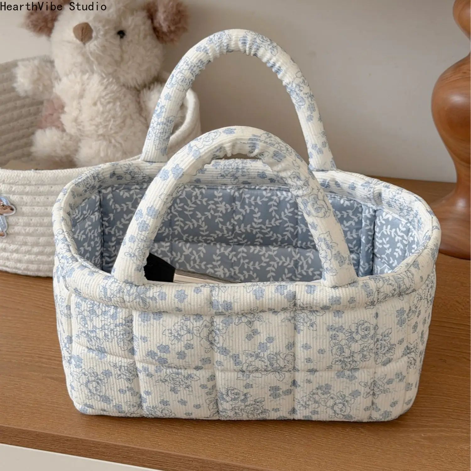 Vintage Floral Quilted Storage Basket Cotton Desktop Organizer Cosmetic Makeup Caddy Tote Bag with Handles for Nursery Vanity Decor