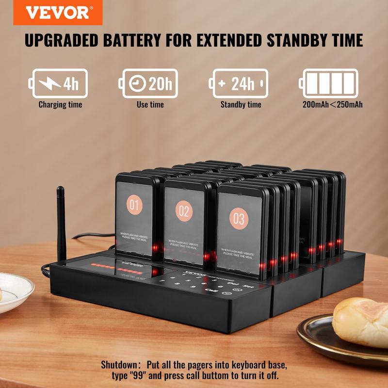 VEVOR Restaurant Pager System, Wireless 400m Long Range Lineup Waiting Queue Signal, Guest Customer Calling Beepers with Vibration & Flashing, 24 Buzzers for Food Truck, Church, Nursery, Hospital