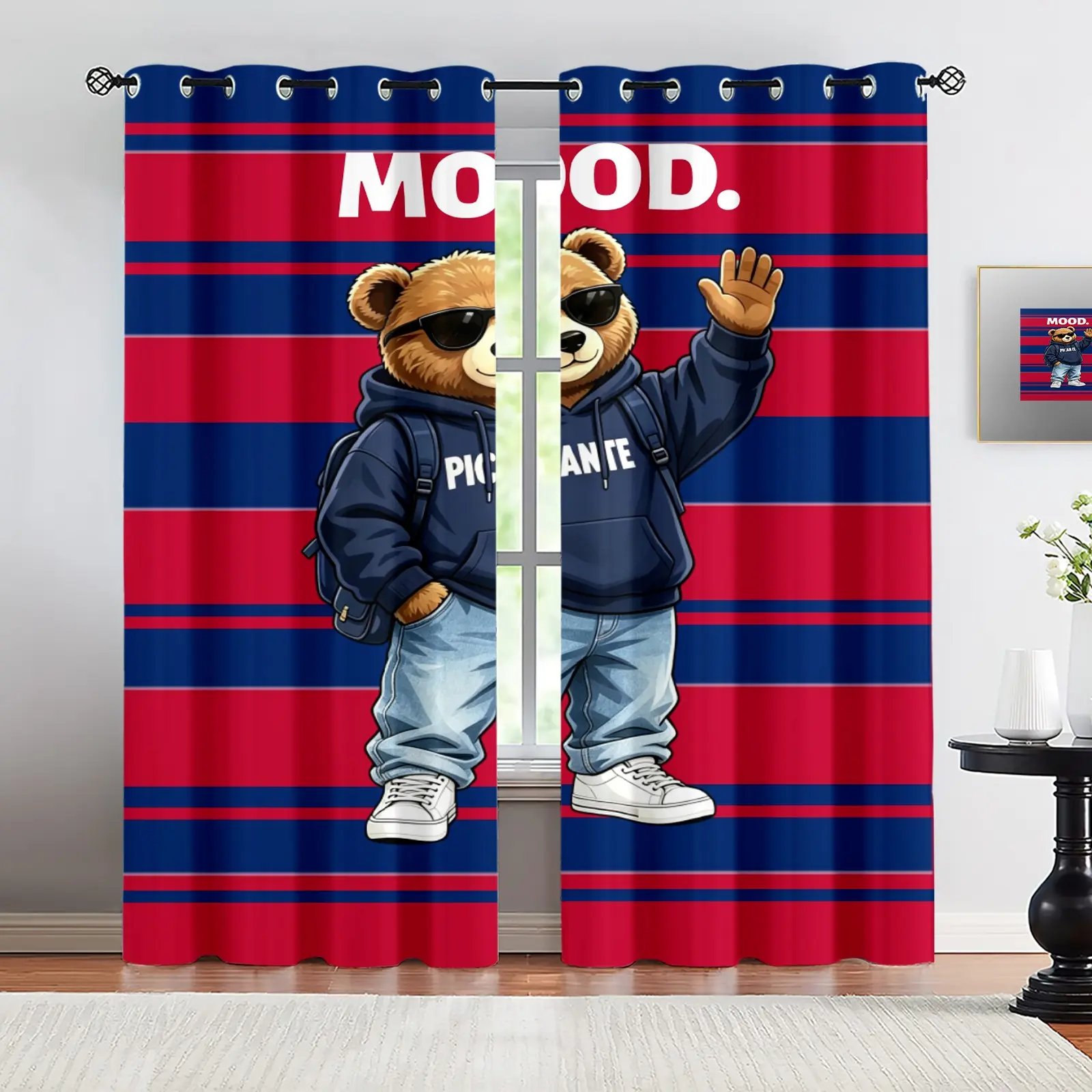 Bear pattern, 2 pieces of curtain set, suitable for living room, balcony, and bedroom windows, perfect for home, seasonal, holiday room decoration