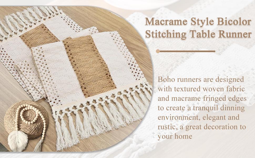 Style Bicolor Stitching,12 x 72 Inch Cream & Brown,Table with Tassels Boho Neutral Table,Farmhouse Rustic for Dining Wedding()