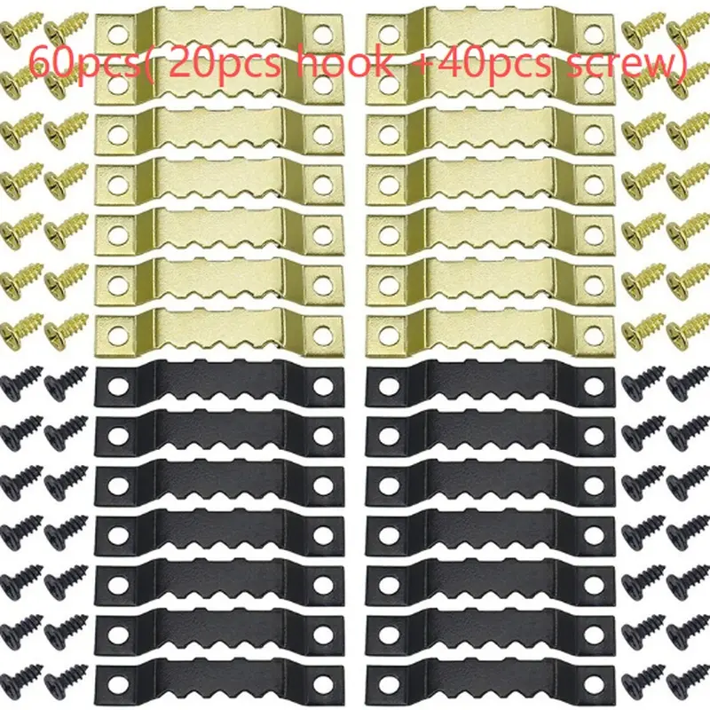60pcs( 20 hooks +40 screws) Small steel serrated hook picture frame pendant with mounting screws bearing [X lb] used for wall clock mural decorative painting with random colors.