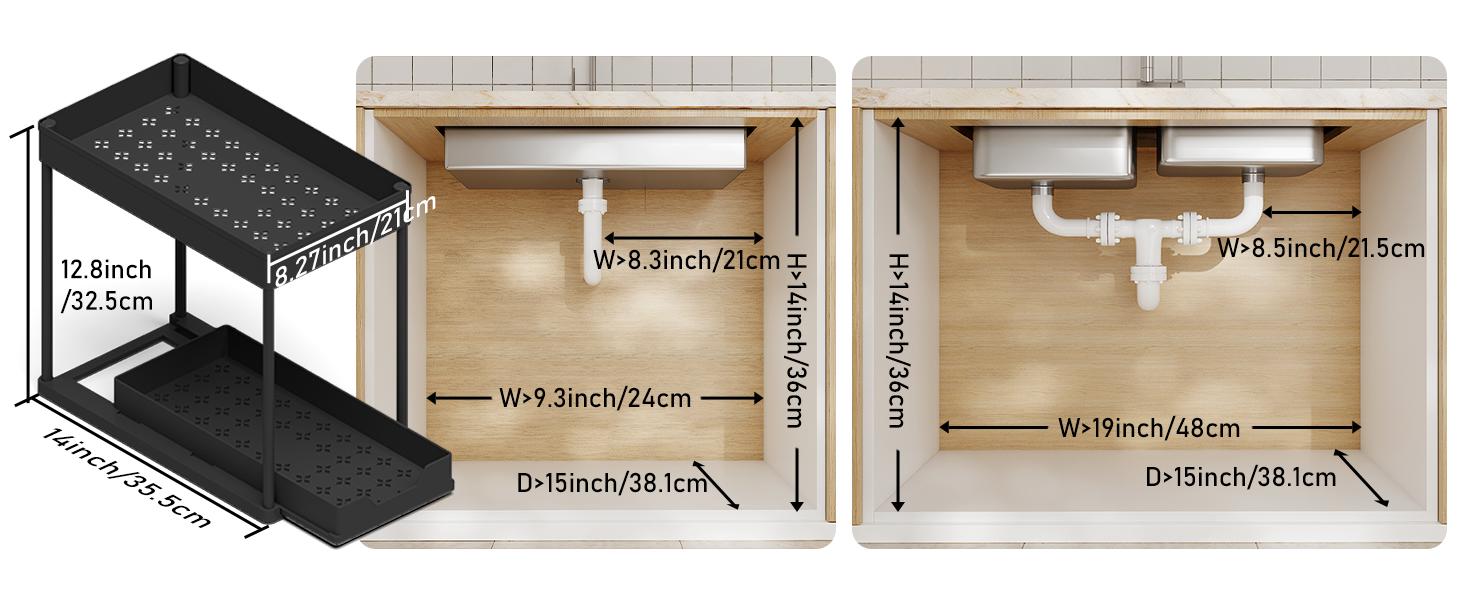 Under Sink Organizer – Bathroom Cabinet Storage with Pull Out Sliding Drawers – 12.8 Inch Shelf for Kitchen, Bathroom, Laundry Room & Cleaning Supplies Organization