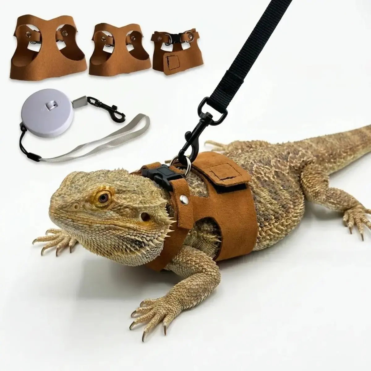 Pet Supplies 3-Pack Reptile Harness & Leash Set - Adjustable Soft Leather, 360° Rust-Proof Swivel, Adjustable Hook & Loop Design, Safety Protection for Large Lizards, Bearded Dragons, Chameleons, Ferrets