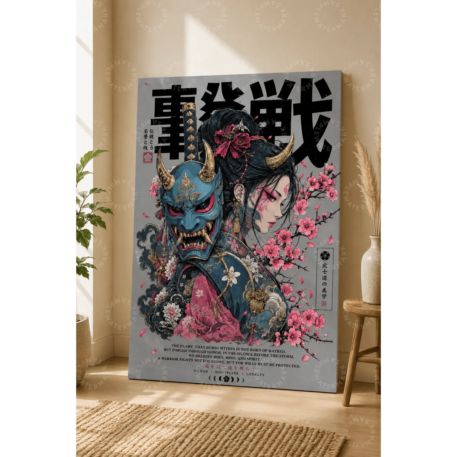 Japanese Inspired Warrior Woman and Oni Mask Canvas Poster, Pink Cherry Blossom Wall Art, Samurai Aesthetic Poster, Bedroom Wall Art, Living Room Decor, Office Wall Art, Fantasy Art Gift