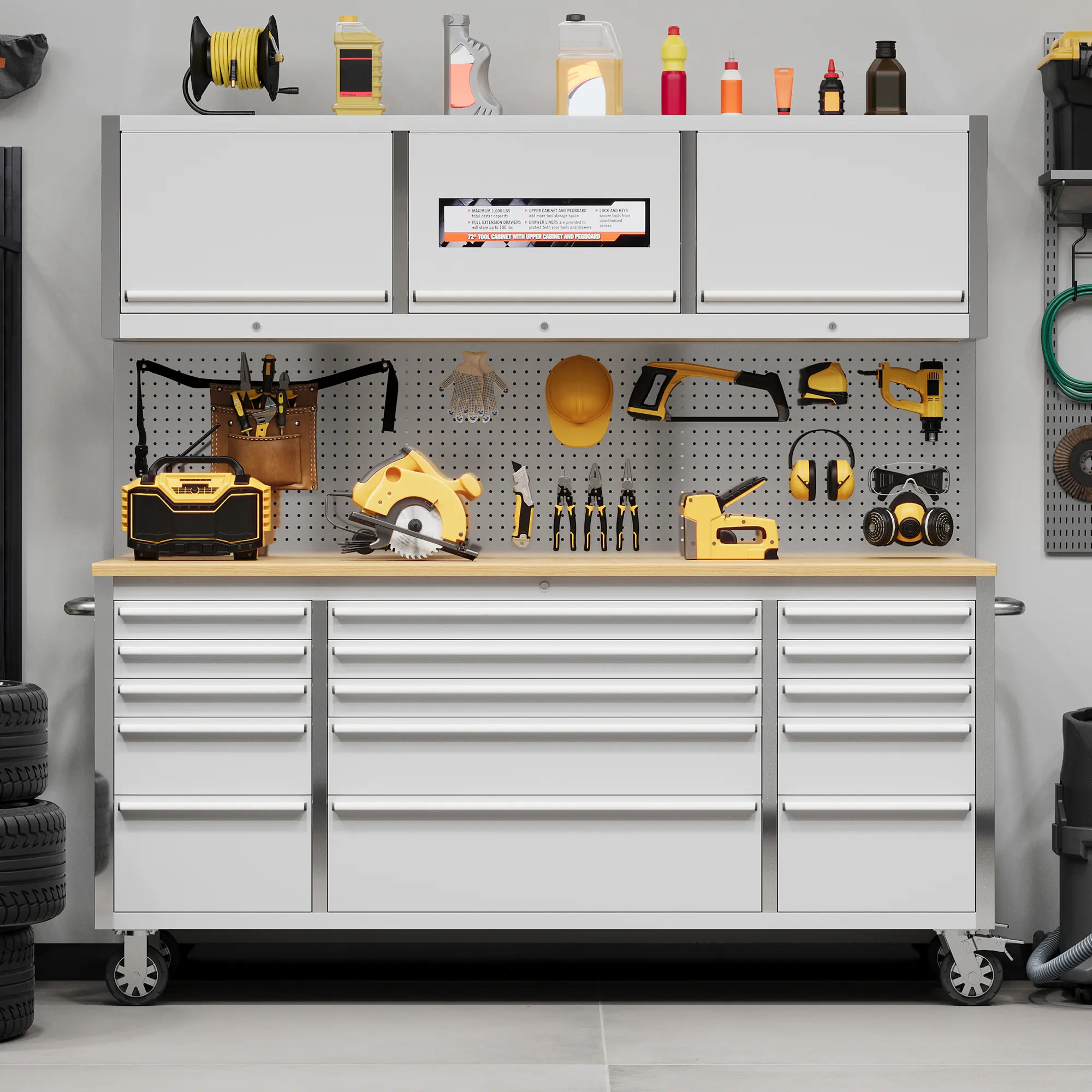 72 Inch Heavy Duty Rolling Tool Chest and Workbench - 15 Spacious Drawers & 3 Lockable Cabinets - Stainless Steel Frame, Rubber Wood Top, Pegboard & Wheels - Mobile Storage for Garage or Workshop