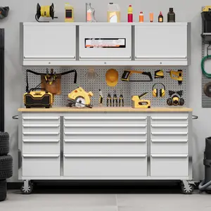 72 Inch Heavy Duty Rolling Tool Chest and Workbench - 15 Spacious Drawers & 3 Lockable Cabinets - Stainless Steel Frame, Rubber Wood Top, Pegboard & Wheels - Mobile Storage for Garage or Workshop