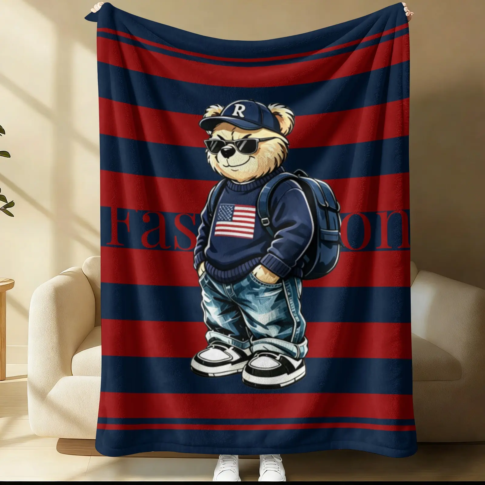 Fashionable teddy bear printed pattern blanket, suitable for all seasons, suitable for beds, sofas, cars, room decorations, and gifts, suitable for children or adults