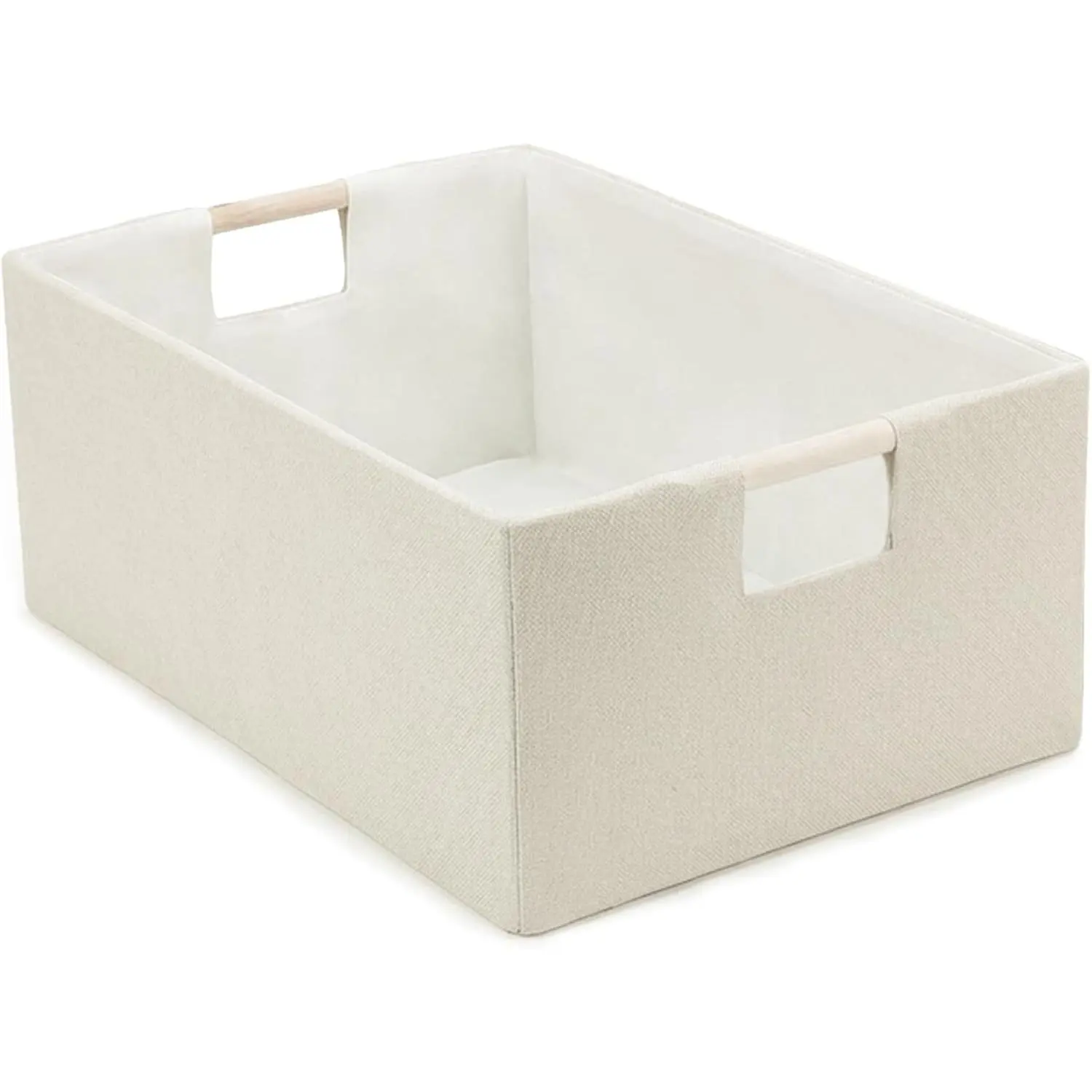 Foldable Fabric Storage Basket for Shelves, Linen Decorative Storage Bin with Wooden Handles, Small Organizer Cube for Closet, Rectangle Canvas Box for Organizing, Decor, 15x10.6x6 Inches (Beige)