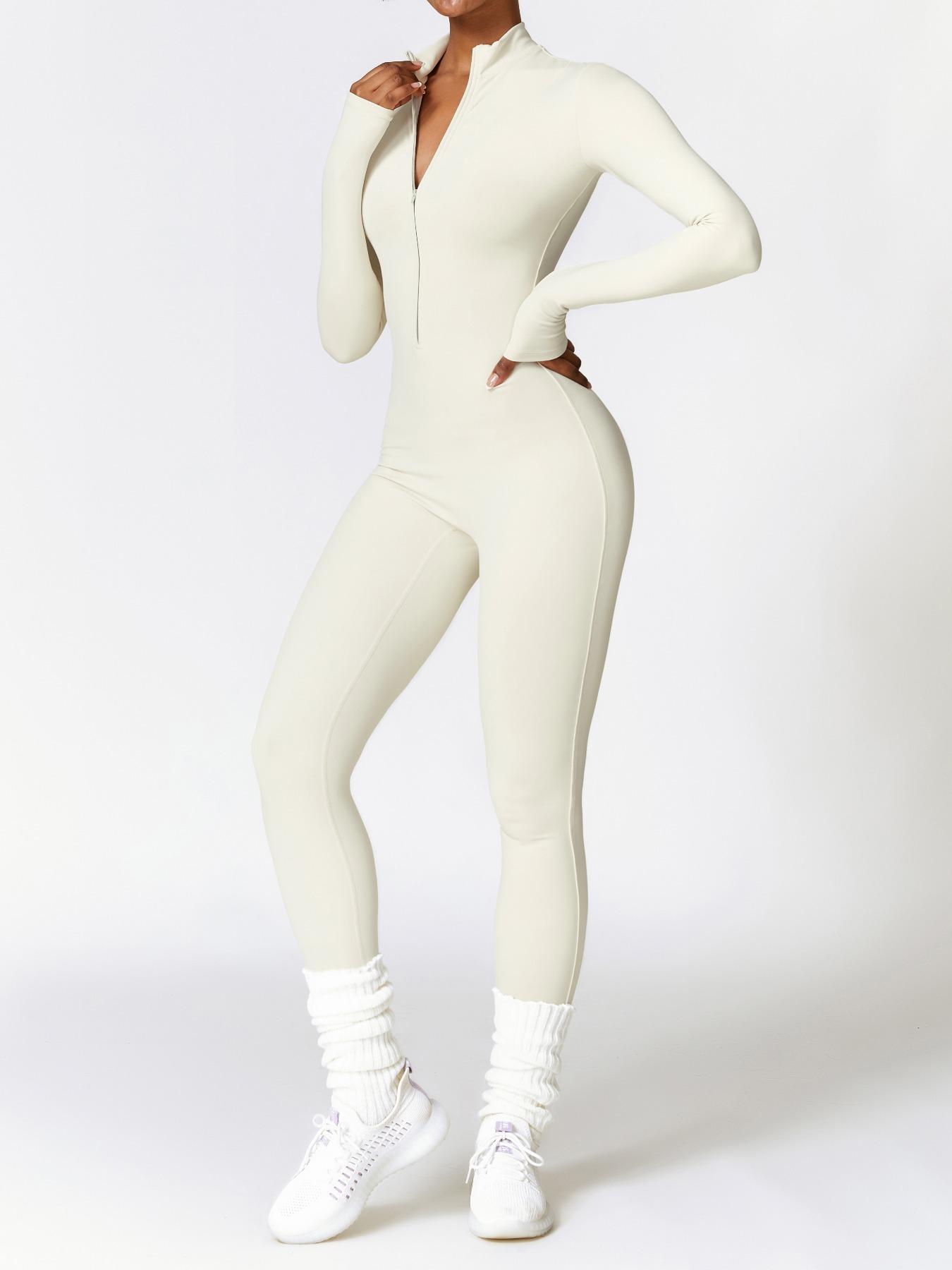 Women's Solid Zip-up Skiing Jumpsuit, Sporty Long Sleeve Onesie for Skiing Cycling, Fall & Winter Ladies Sportswear, Stretchable Activewear, Sporty Comfy Jumpsuit