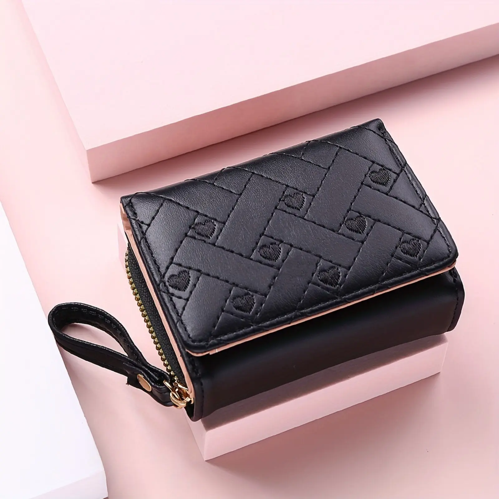 Women's Compact Quilted Look Short Wallet - Viral Heart Embroidery Faux Leather Flip Card Holder, Dual Compartment Zipper Cash Coin Bag with Woven Hand Strap for Daily Travel Gift, Mini Purse