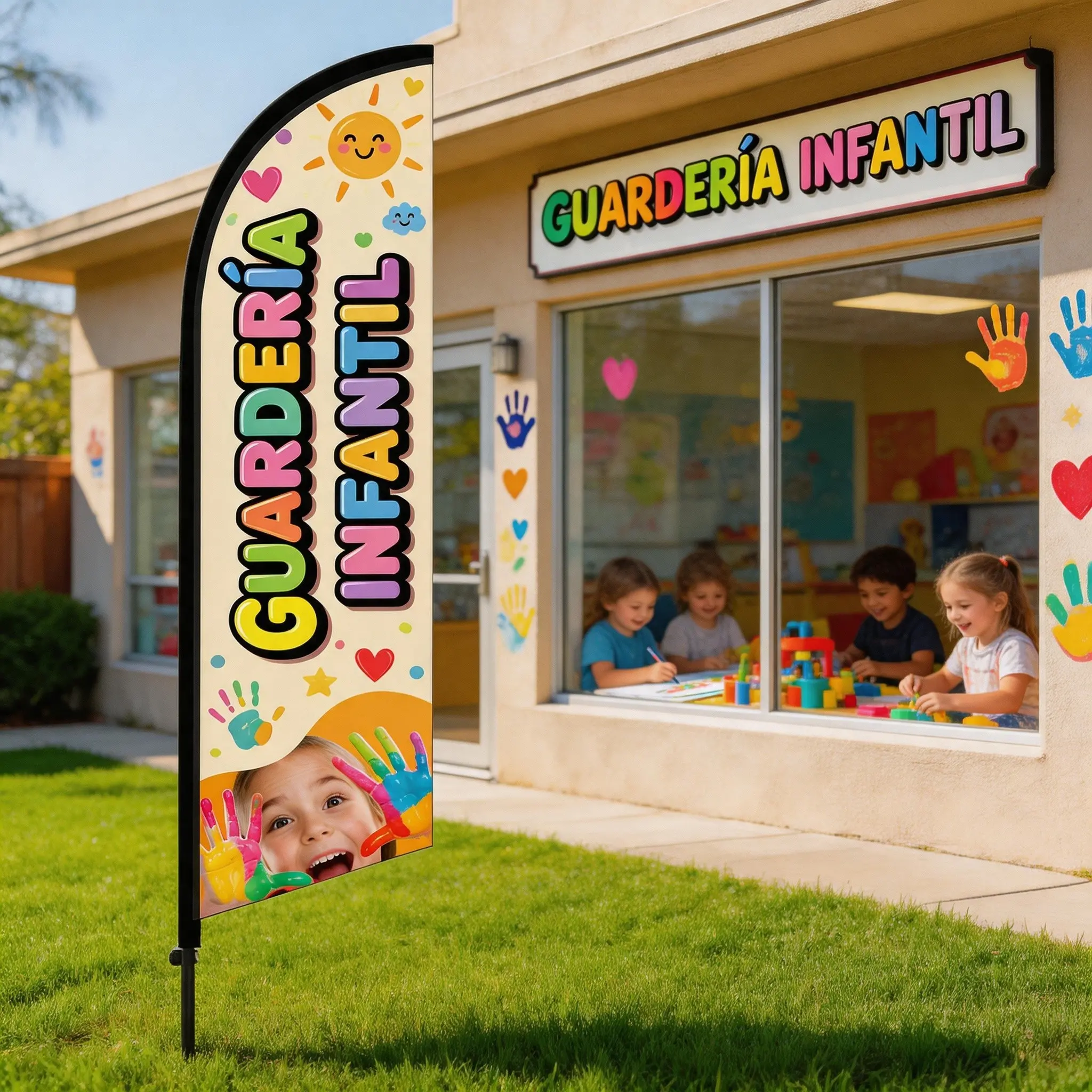 8.5 Ft Feather Flag for Daycare, Polyester Waterproof Sunscreen Banner, Wind-Resistant Single-Sided Print, Outdoor Promotion Tool