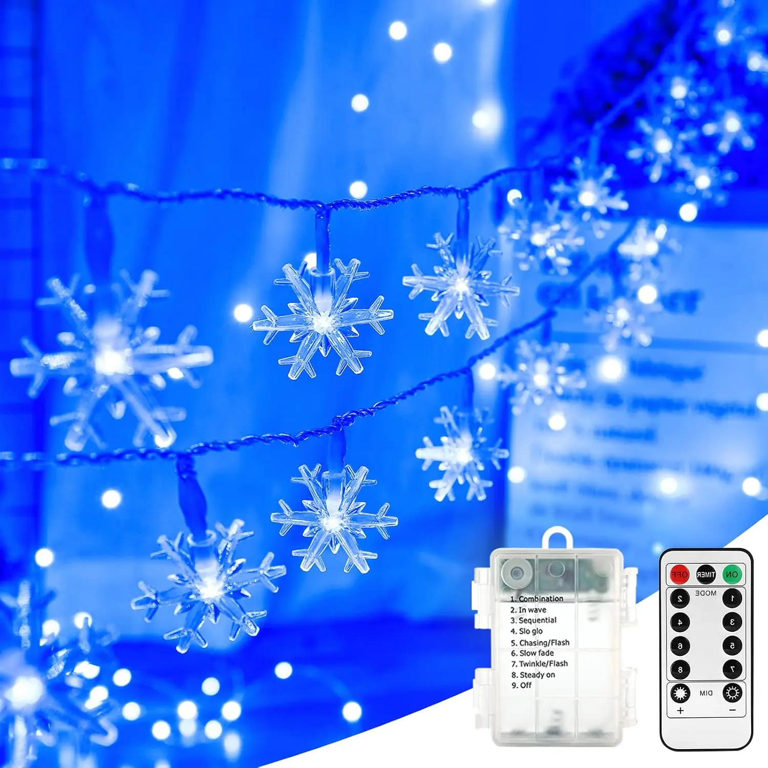 Blue Snowflake LED Christmas Lights  Operated with Remote | 40 LED 16.08ft; 8 Mode; Dimmable; ; Twinkle Snow Flake Xmas Tree Lights for Outdoor Indoor Garland Window Fireplace