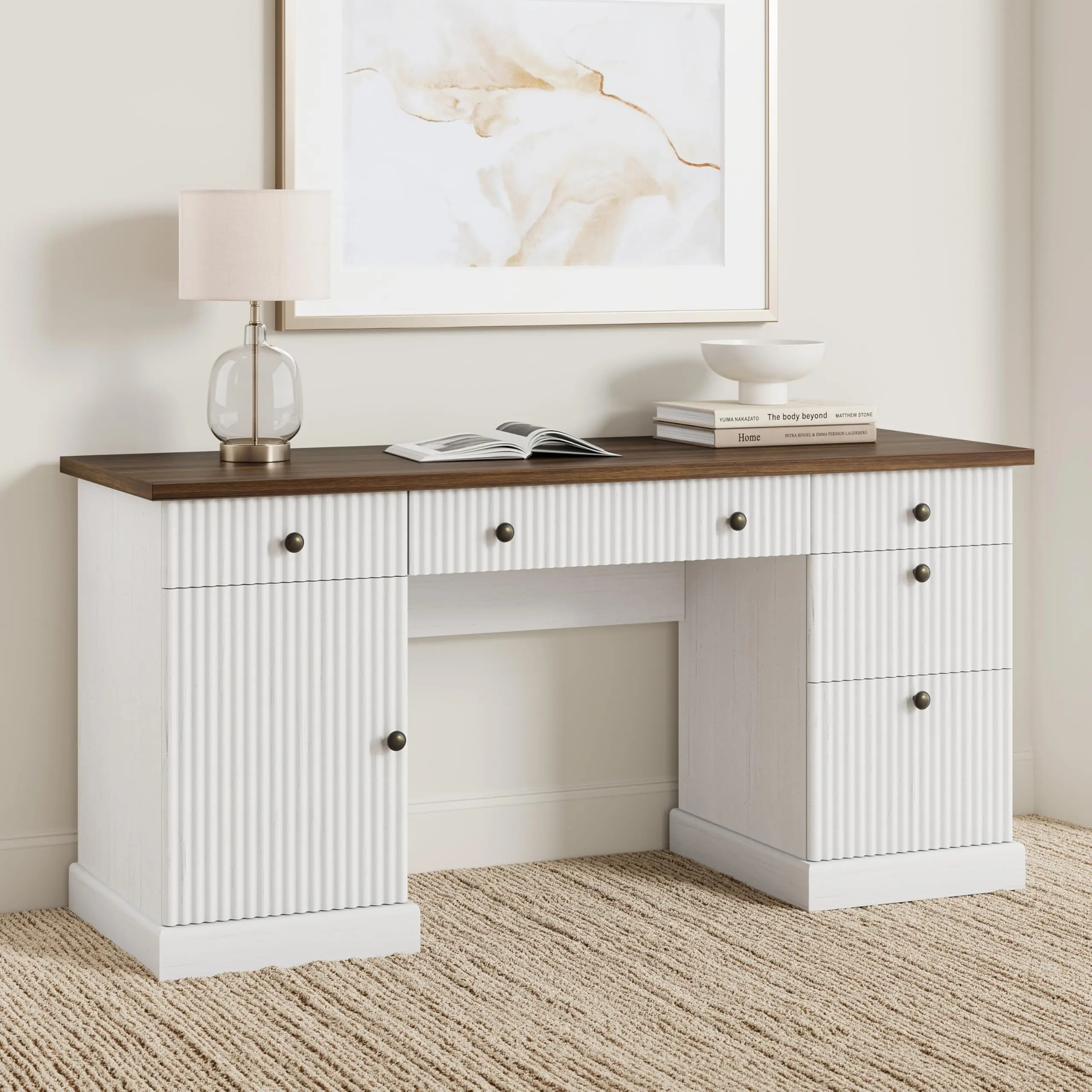 60" Fluted Executive Desk with 5 Drawers & Charging Station, Wave Design File Drawer, 1.11" MDF Top 500 lbs Capacity, Grey