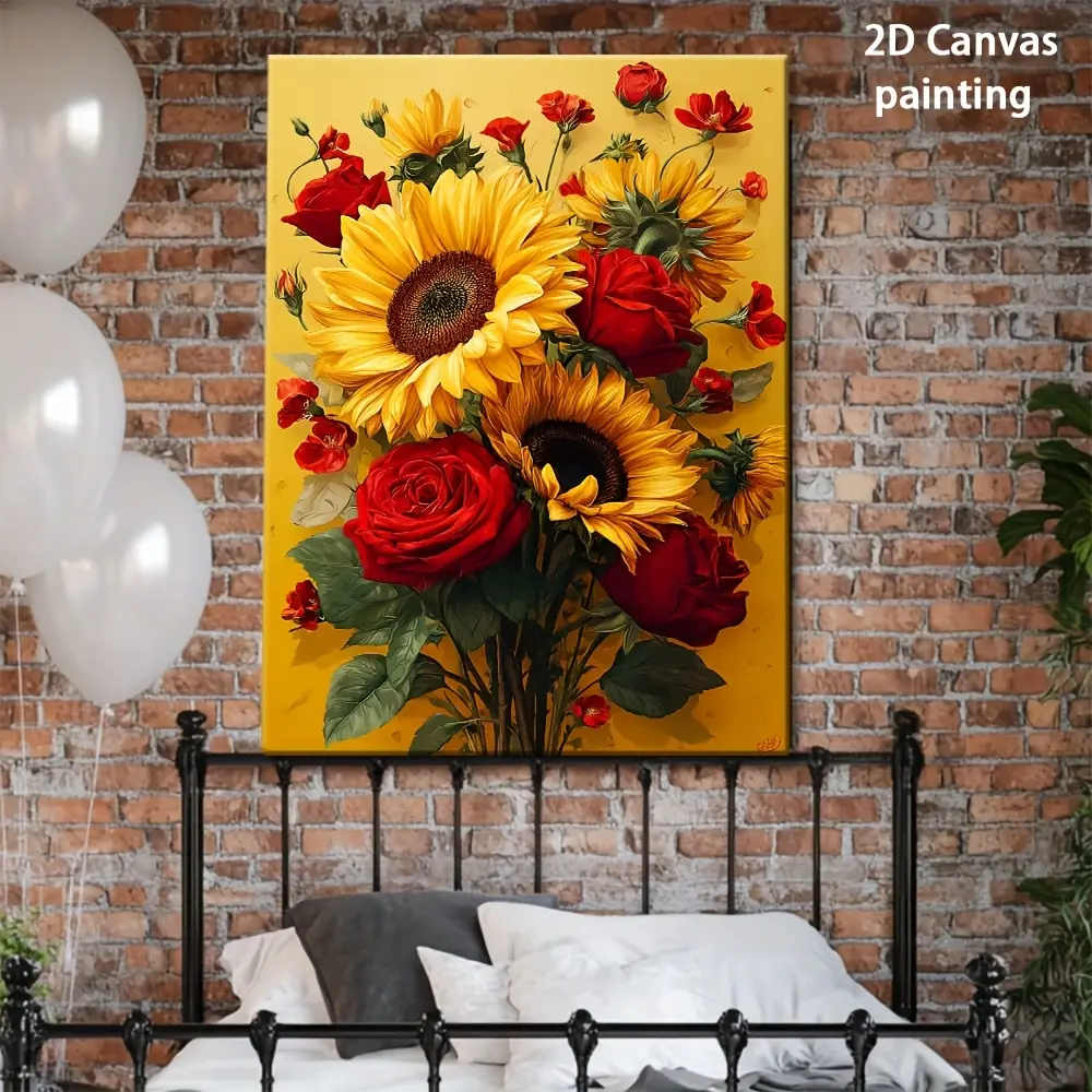 2D Floral Print Wall Decor Canvas Print - Single Canvas, Immediate Hanging, Sunflower & Rose Bouquet, Love Theme, High-Quality, Suitable for Bedrooms, Bathrooms, Ideal for Father's Day, Thanksgiving, Valentines Day, Wood Frame