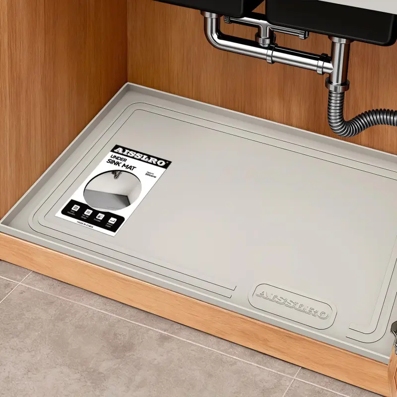 Under Sink Mat 22" X 19", Waterproof Silicone Cabinet Organizer Protector with Raised Edge, Kitchen & Bathroom Leak Tray, Shelf Liner & Pet Feeding Mat for Dog Cat Food Mats, Beige