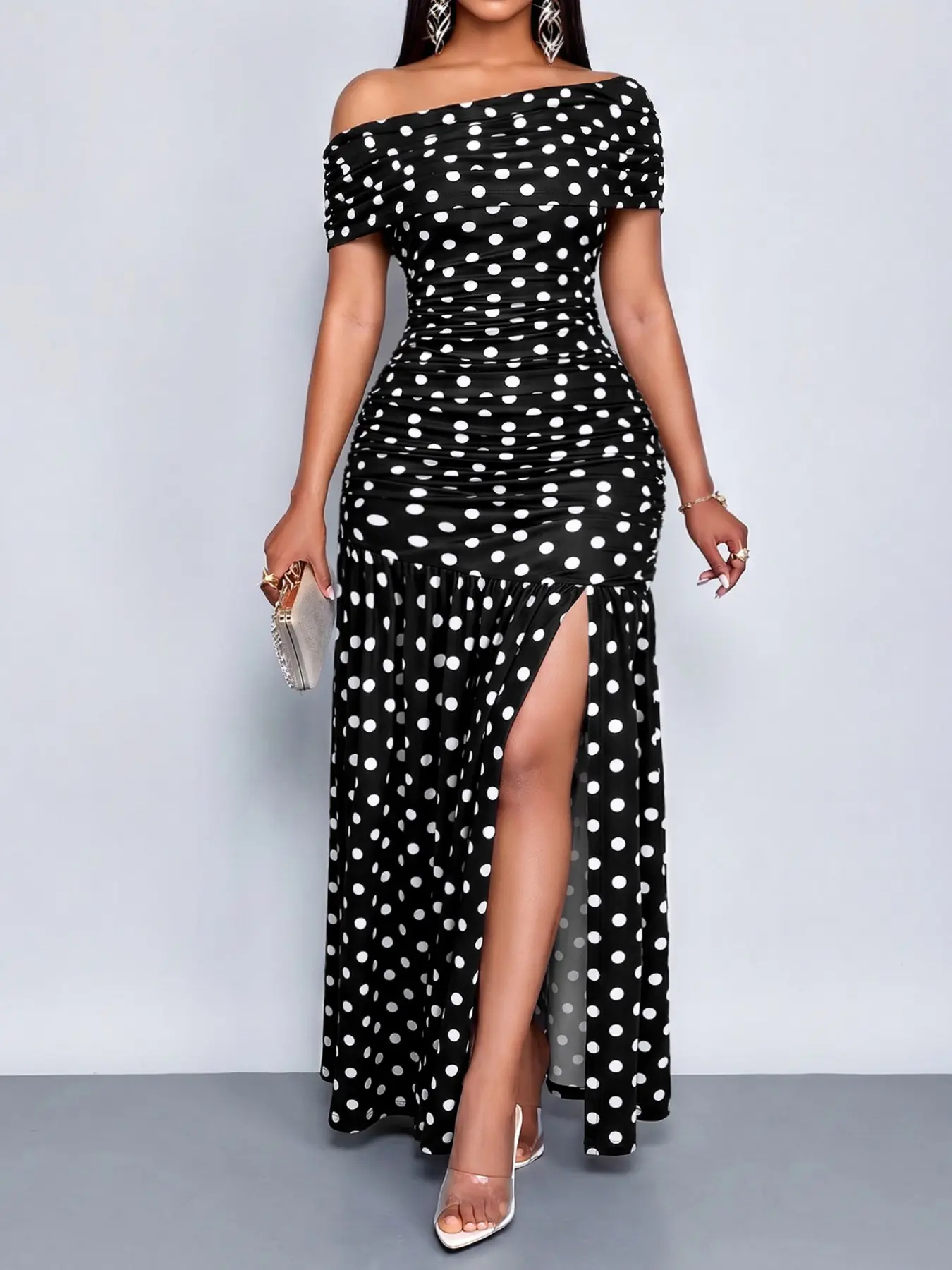 Polka Dot Women Maxi Dress, Off Shoulder Sleeveless Fitted Waist, Elegant for Dinner and Cocktail for All Season Wear