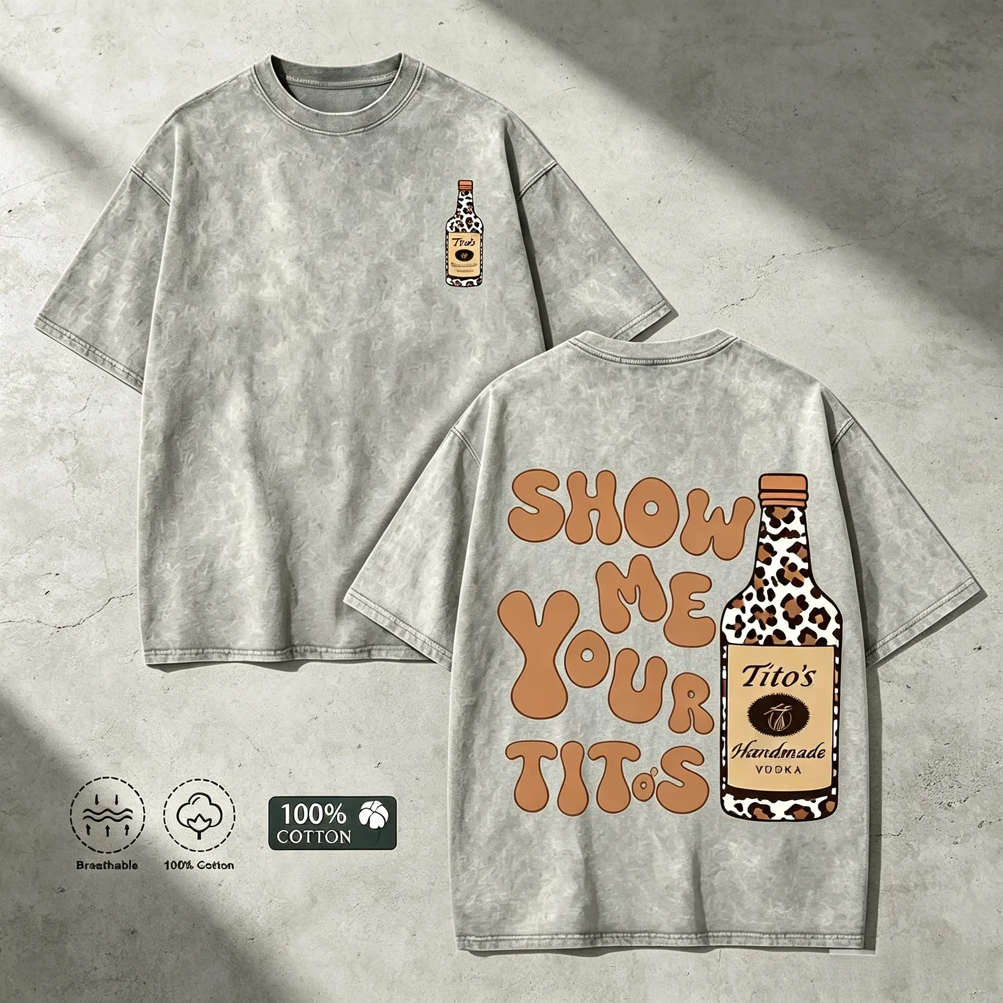 Men's Vintage Acid Wash Graphic T-Shirt, Funny "Show Me Your Tito's" Print, Oversized Breathable 100% Cotton Streetwear Top Casual Outfit,Retro Distressed Loose Fit Short Sleeve Top For Women Men Party Country Concert Outfit