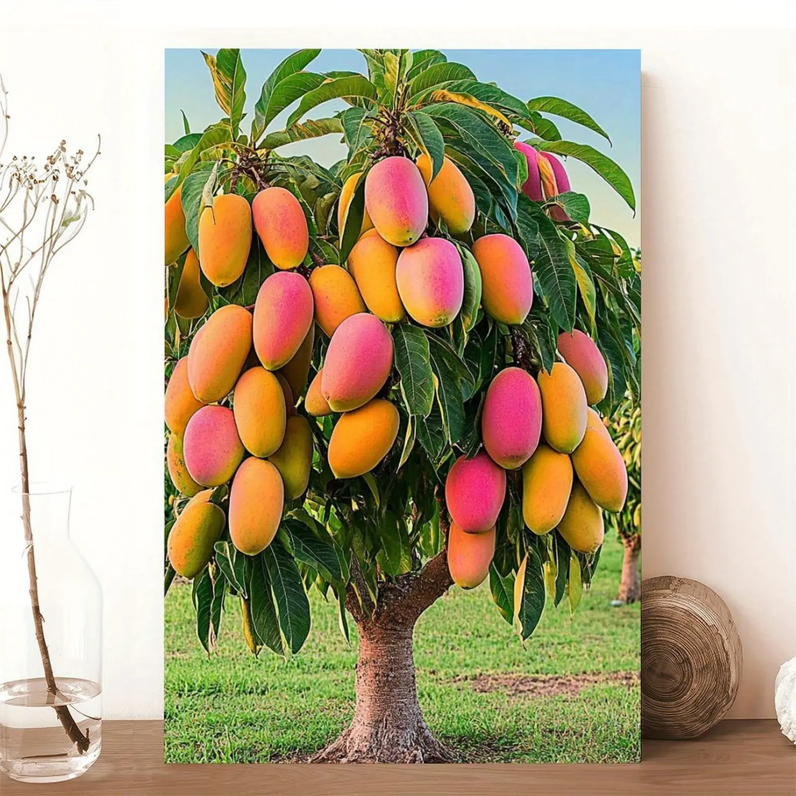 1 Piece Tropical Mango Tree Canvas Painting - Pink and Yellow Mango Wall Decor, Modern Farmhouse Style Kitchen Living Room Office Decoration - Mother's Day Birthday Housewarming Gift - Ready-to-Hang Framed Art Poster, Home Decor