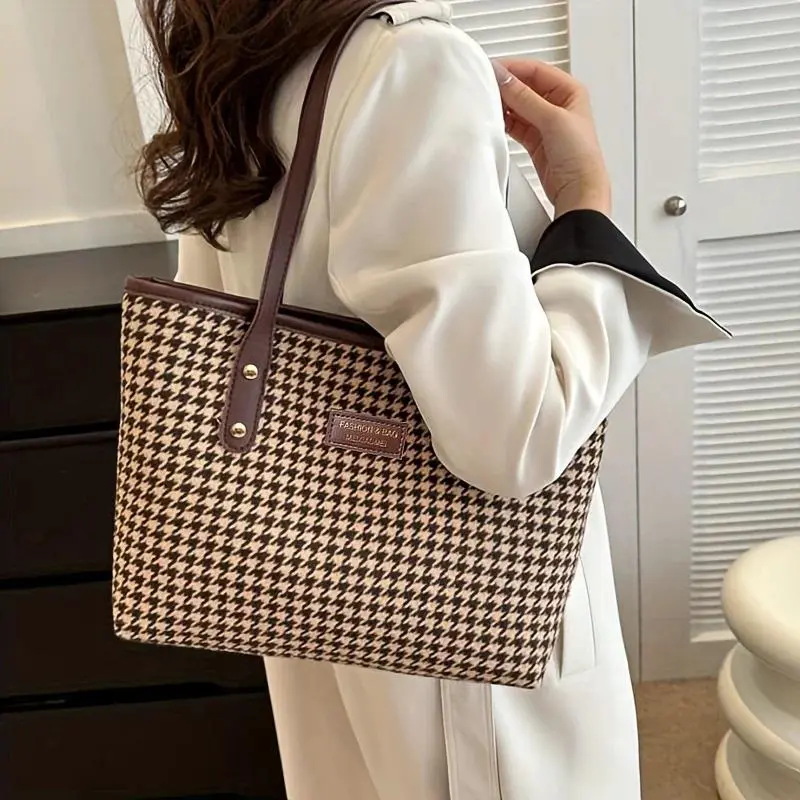 Casual Houndstooth Print Tote Bag, Large Capacity Shoulder Purse with Brown Leather Straps, Versatile for Everyday Work Outings