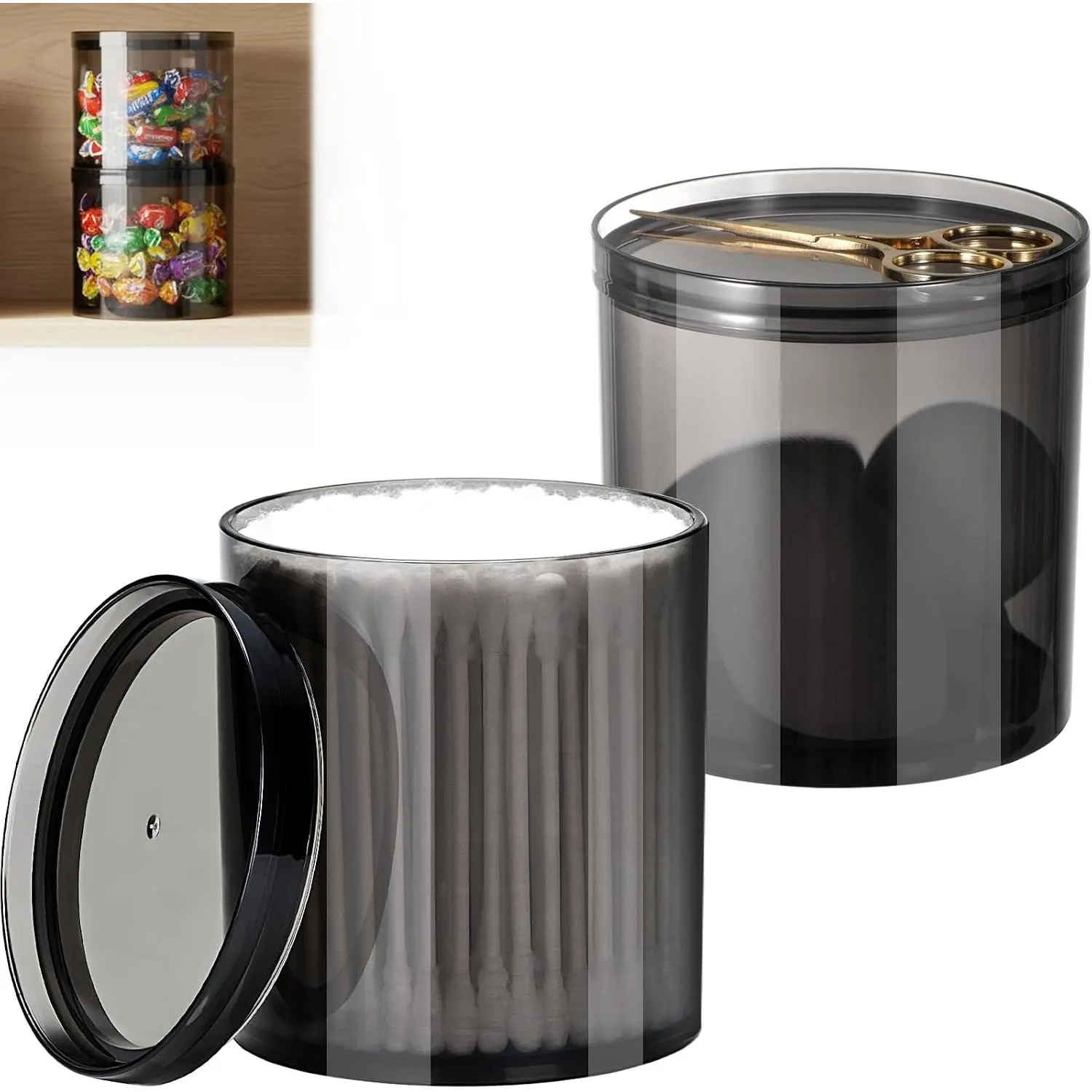 2Pack Stackable Black Plastic Container - 20 Ounce Round  Storage Organizers with  for Hair Accessories & Beauty Supplies & bathroom container set