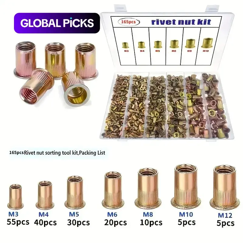 165-Piece Rivet Nut Kit, Carbon Steel Zinc-Plated M3-M10 Slotted Flat Head Threaded Inserts, Full Thread, Heavy-Duty Blind Rivet Nuts Set for Automotive Repair, Furniture Assembly & Industrial Projects