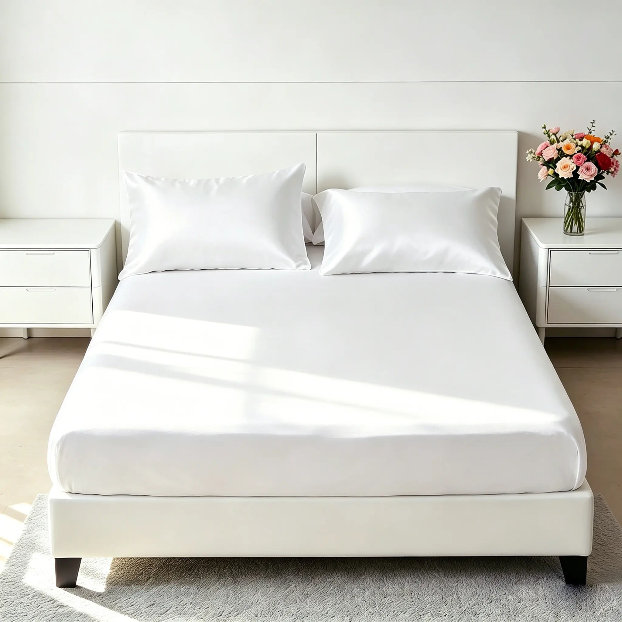 3-Piece Luxury Satin Fitted Sheet Bedding Set, White, 1 Fitted Sheet + 2 Pillowcases (No Inserts), Soft & Comfortable Fabric, Elegant Bedroom Decor, Ideal Bedding Gift, Breathable Sheet Set
