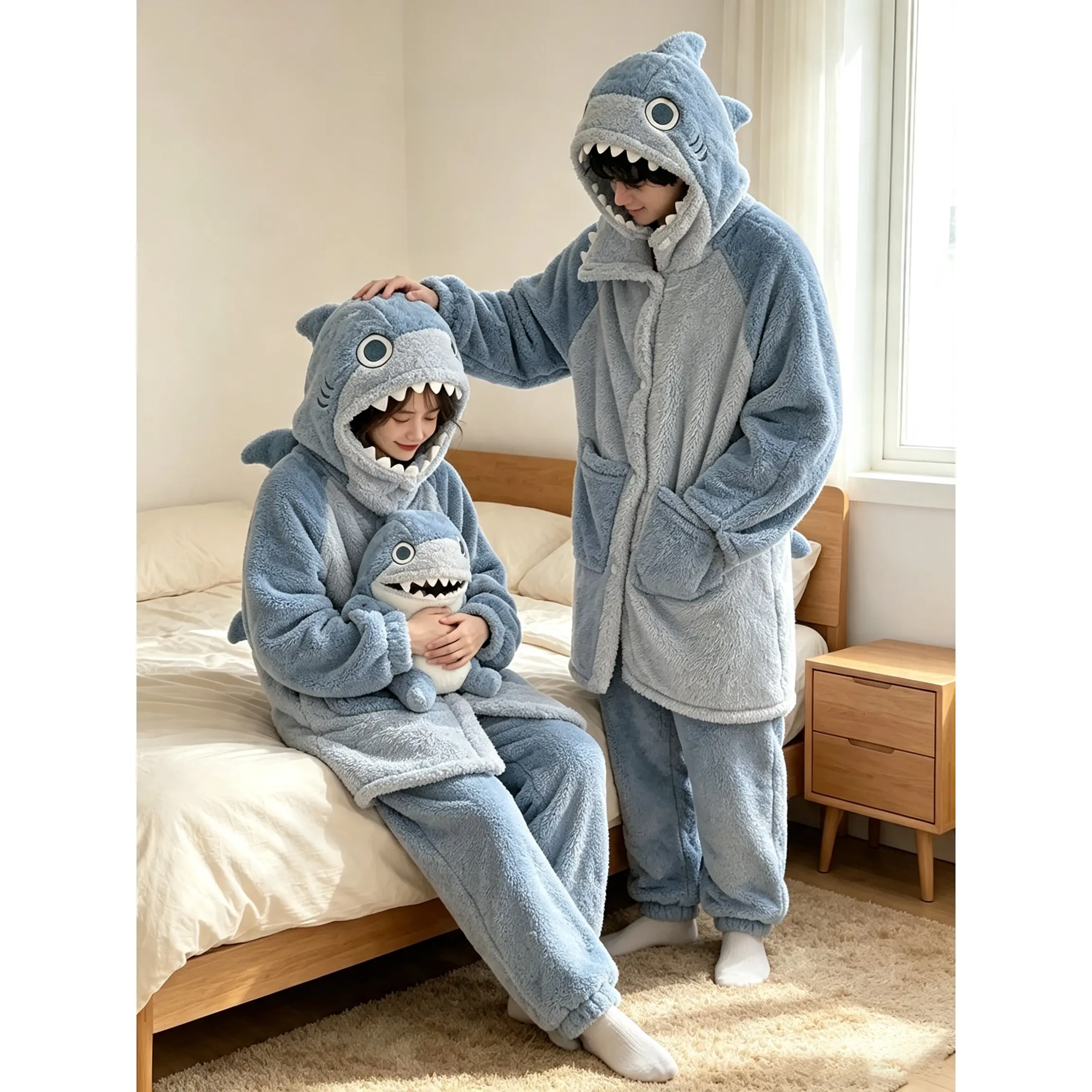 Shark Coral Fleece Hooded Onesie Pajamas for Couples| Thick Warm Winter Loungewear Set| Cartoon Animal Kigurumi Sleepwear for Men & Women Matching Womenswear