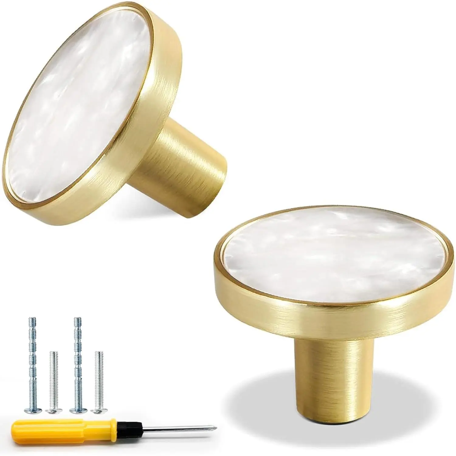 Brass Dresser Knobs, White, 1-1/4" Diameter, 2 Pack | Round Cabinet Knobs, Kitchen Cabinet Cupboard Door, Decorative Furniture Hardware